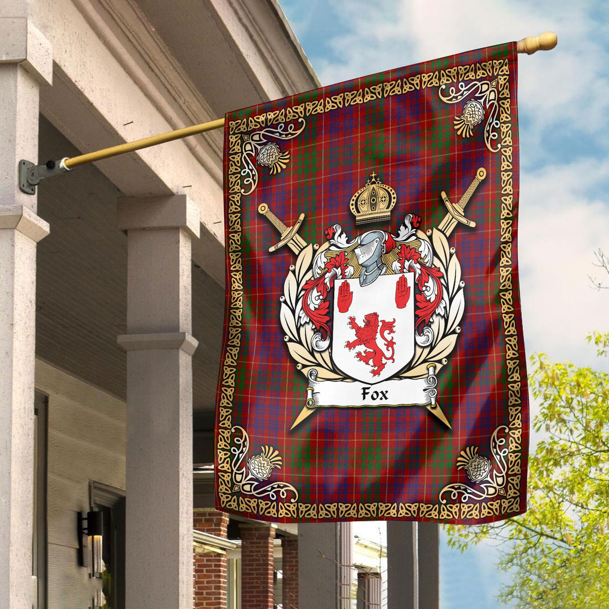 Clan Fox Red Tartan Crest Garden Flag  - Celtic Thistle  IW89 Clan Garden Tartan Today   