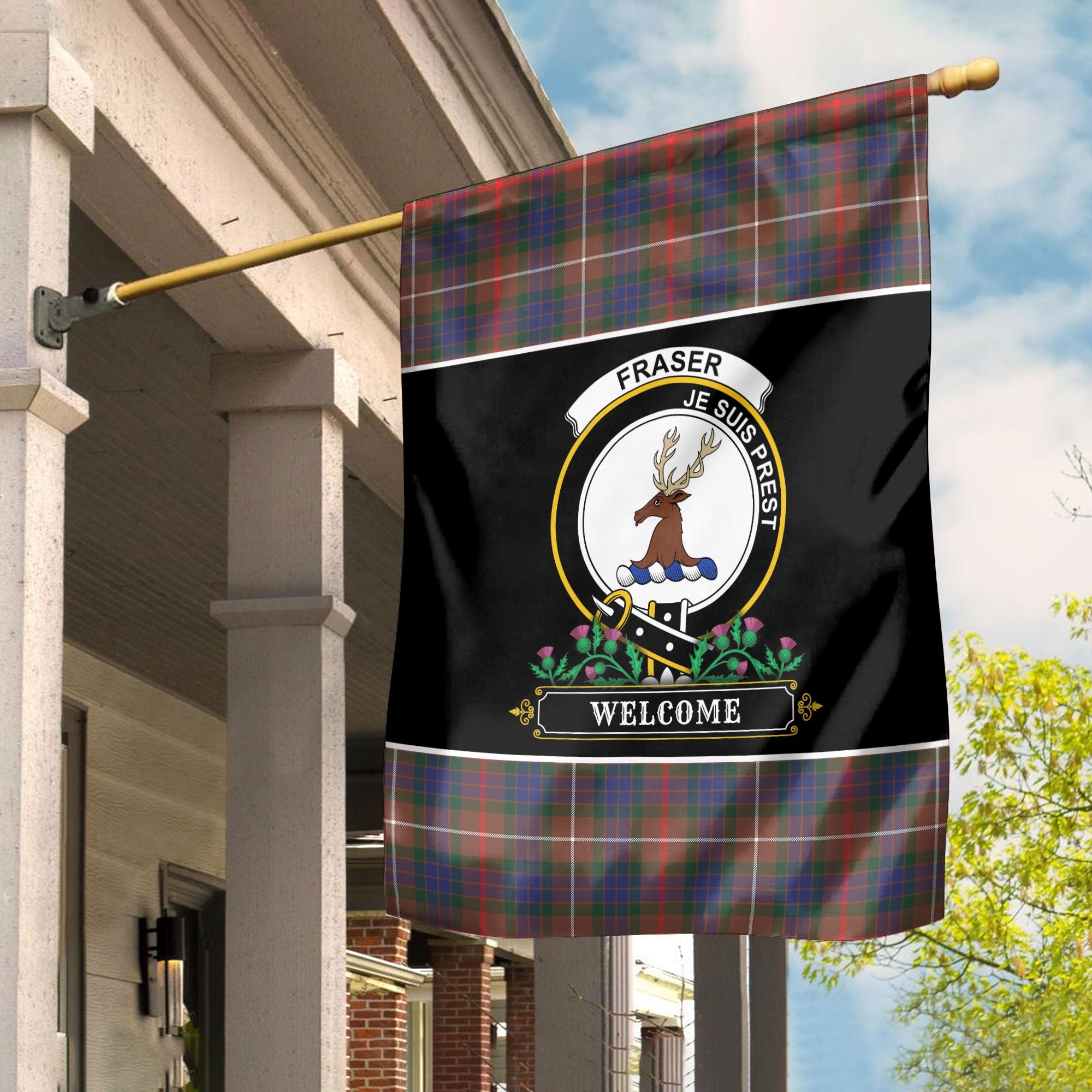 Clan Fraser (of Lovat) Hunting Modern Tartan Crest Garden Flag  - Welcome  JC11 Clan Fraser Tartan Today   