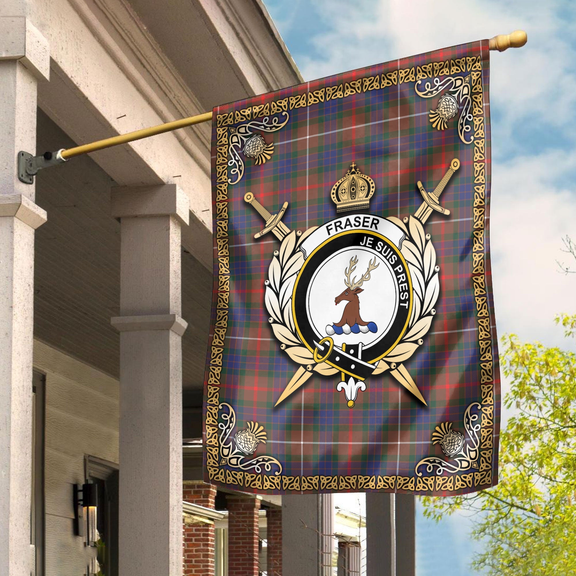 Clan Fraser (of Lovat) Hunting Modern Tartan Crest Garden Flag  - Celtic Thistle  ST57 Clan Fraser Tartan Today   