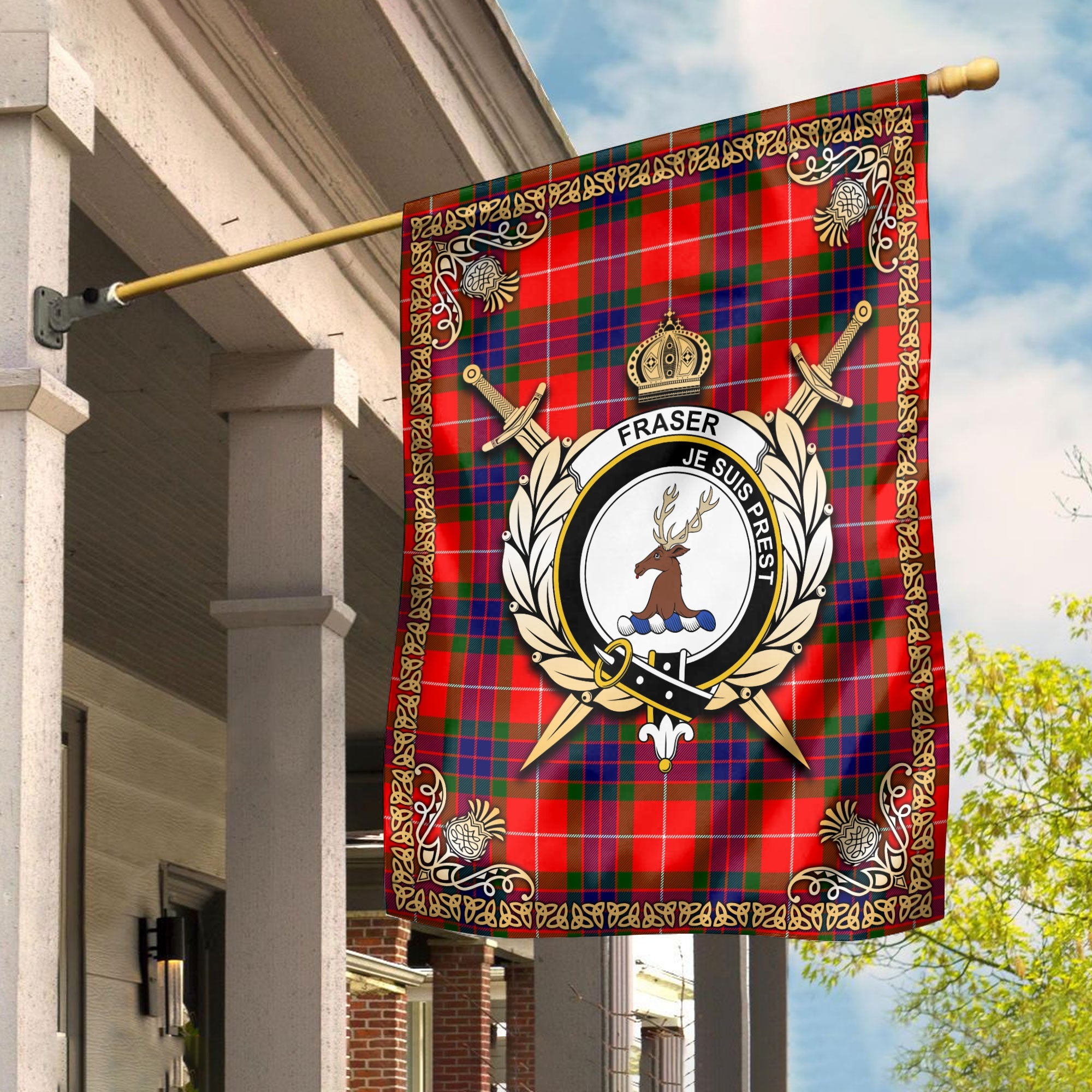 Clan Fraser (of Lovat) Modern Tartan Crest Garden Flag  - Celtic Thistle  PG90 Clan Fraser Tartan Today   