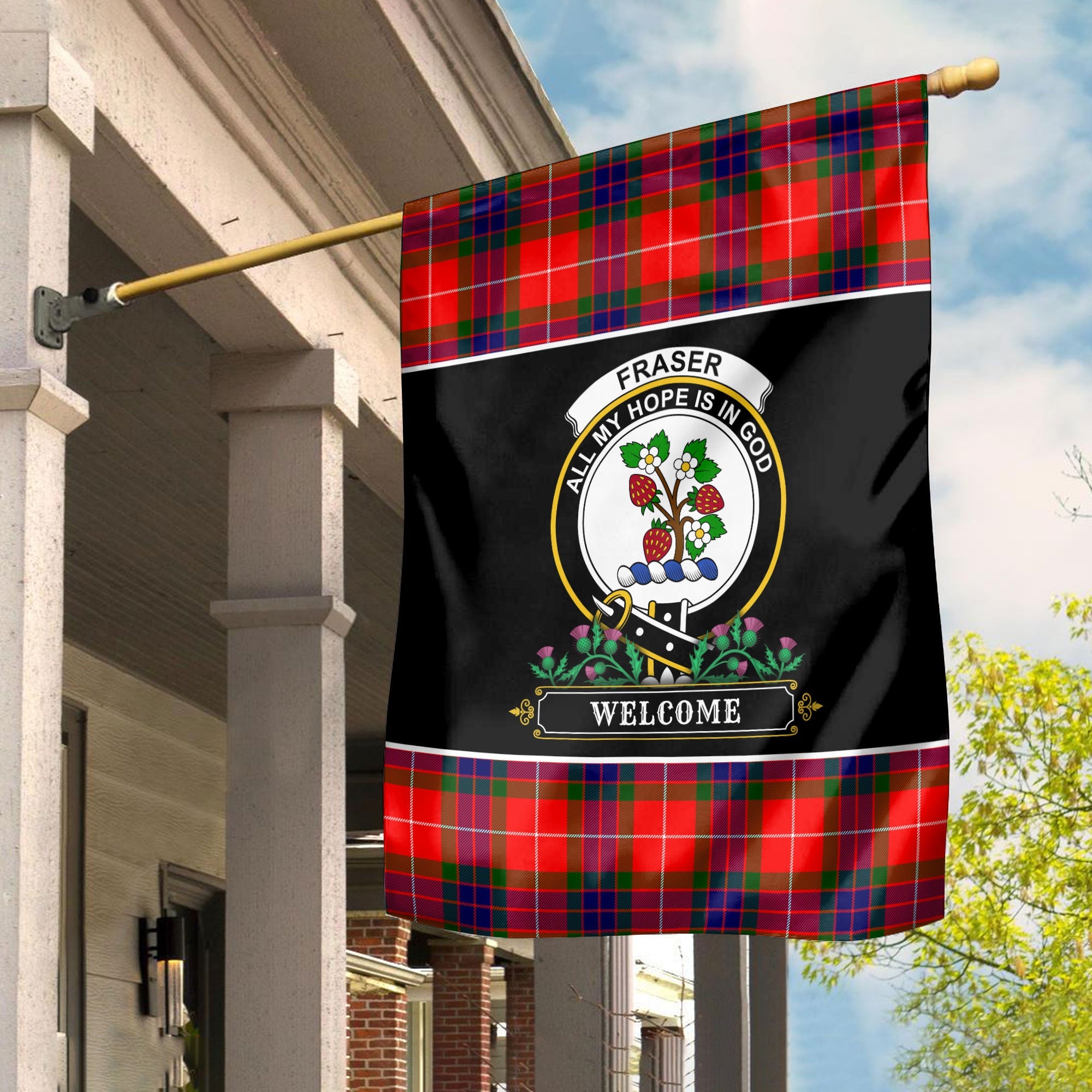 Clan Fraser Tartan Crest Garden Flag  - Welcome  HP86 Clan Fraser Tartan Today   