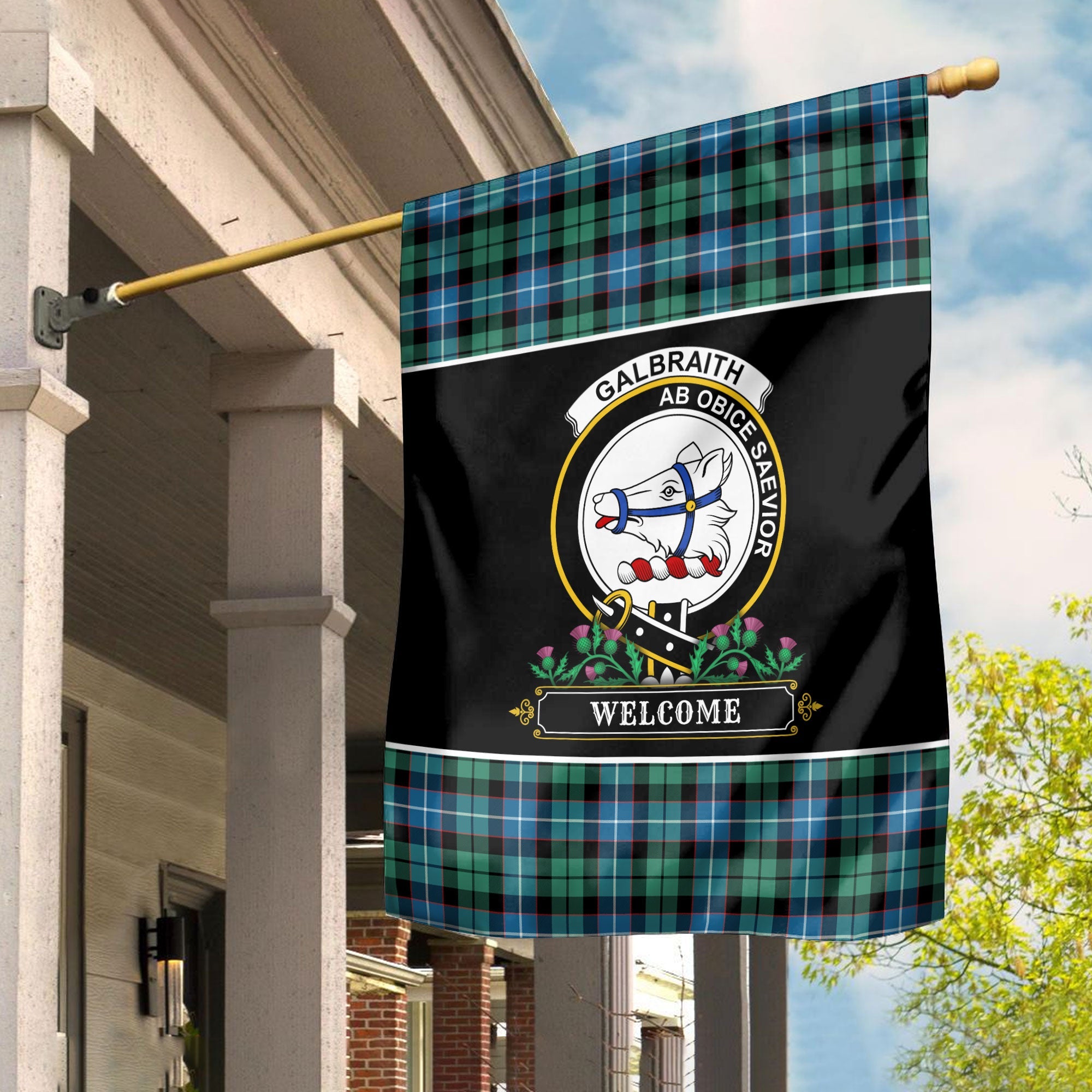 Clan Galbraith Ancient Tartan Crest Garden Flag  - Welcome  IU35 Clan Rait Tartan Today   