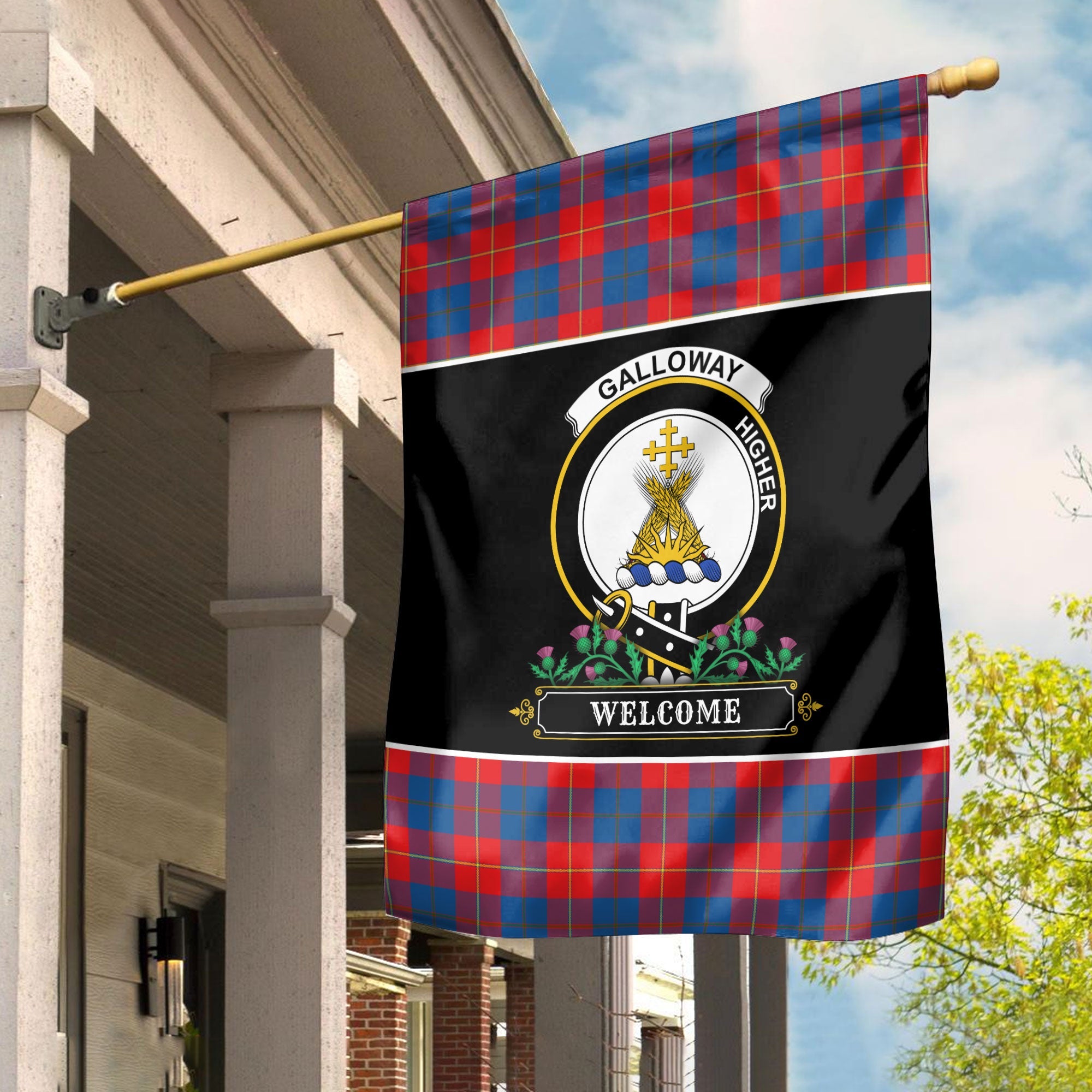 Clan Galloway Red Tartan Crest Garden Flag  - Welcome  UL62 Clan Galloway Tartan Today   