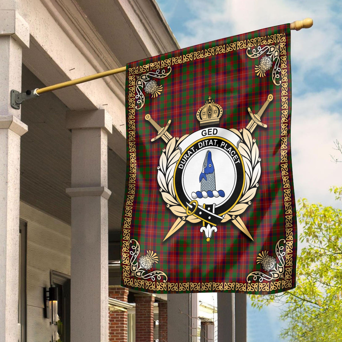 Clan Ged Tartan Crest Garden Flag  - Celtic Thistle  PI85 Clan Ged Tartan Today   