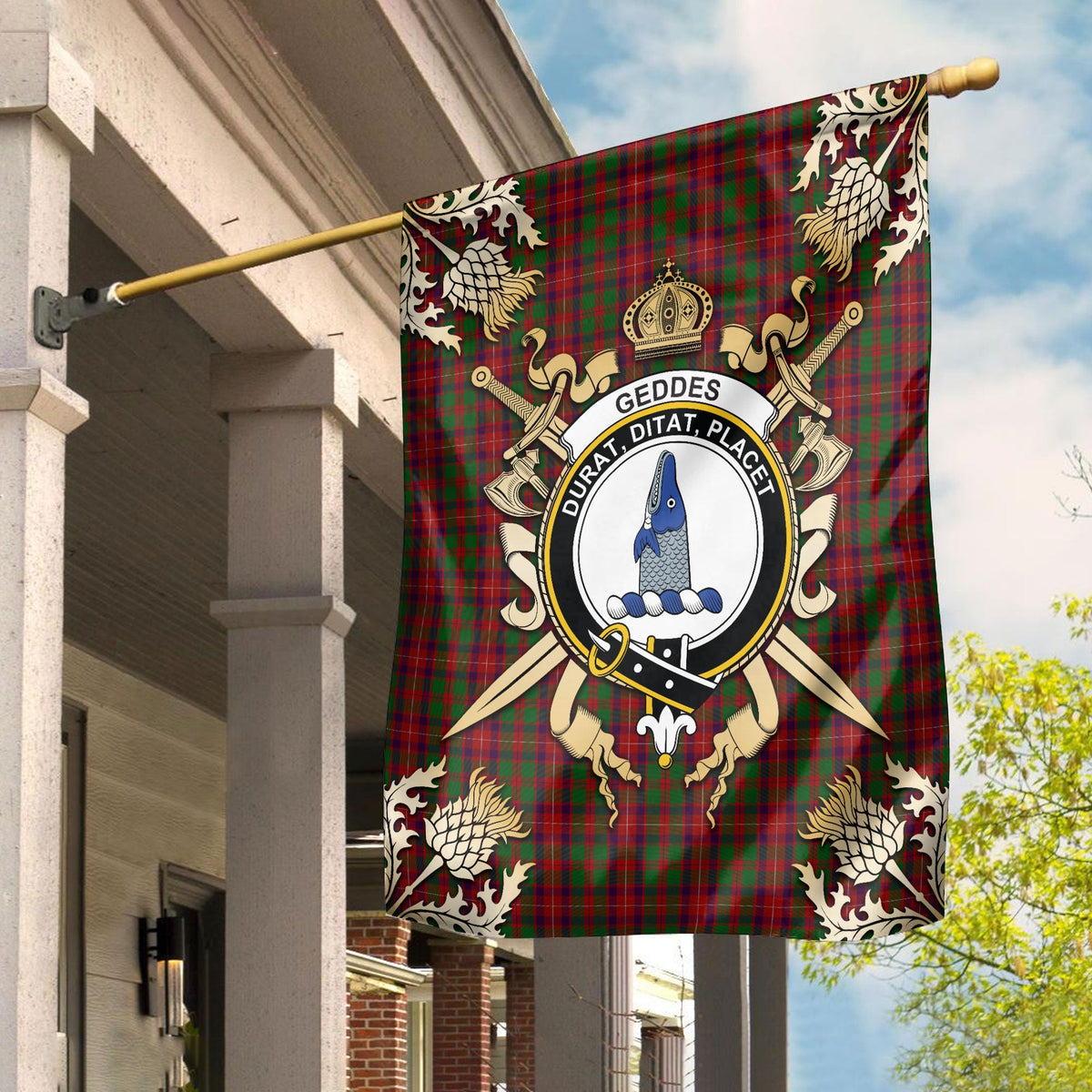 Clan Geddes Tartan Crest Black Garden Flag  - Gold Thistle  TN87 Clan Ged Tartan Today   