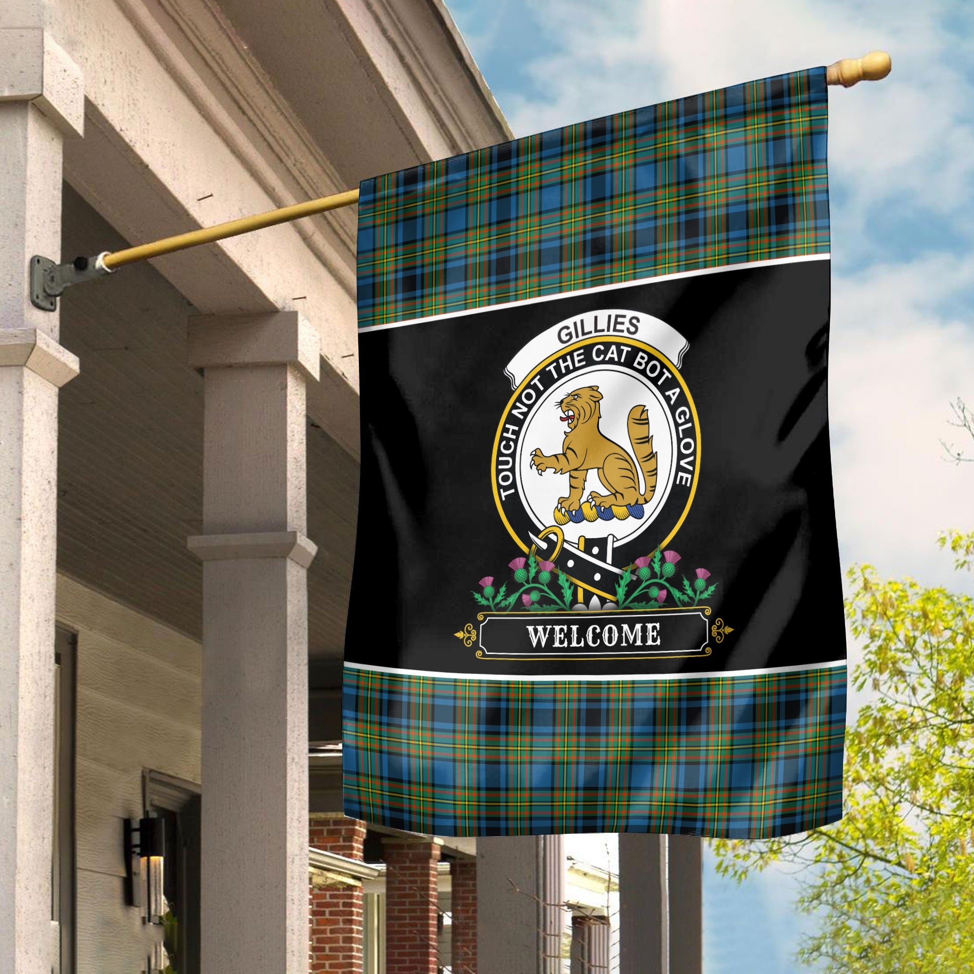 Clan Gillies Ancient Tartan Crest Garden Flag  - Welcome  BH57 Clan Gillies Tartan Today   