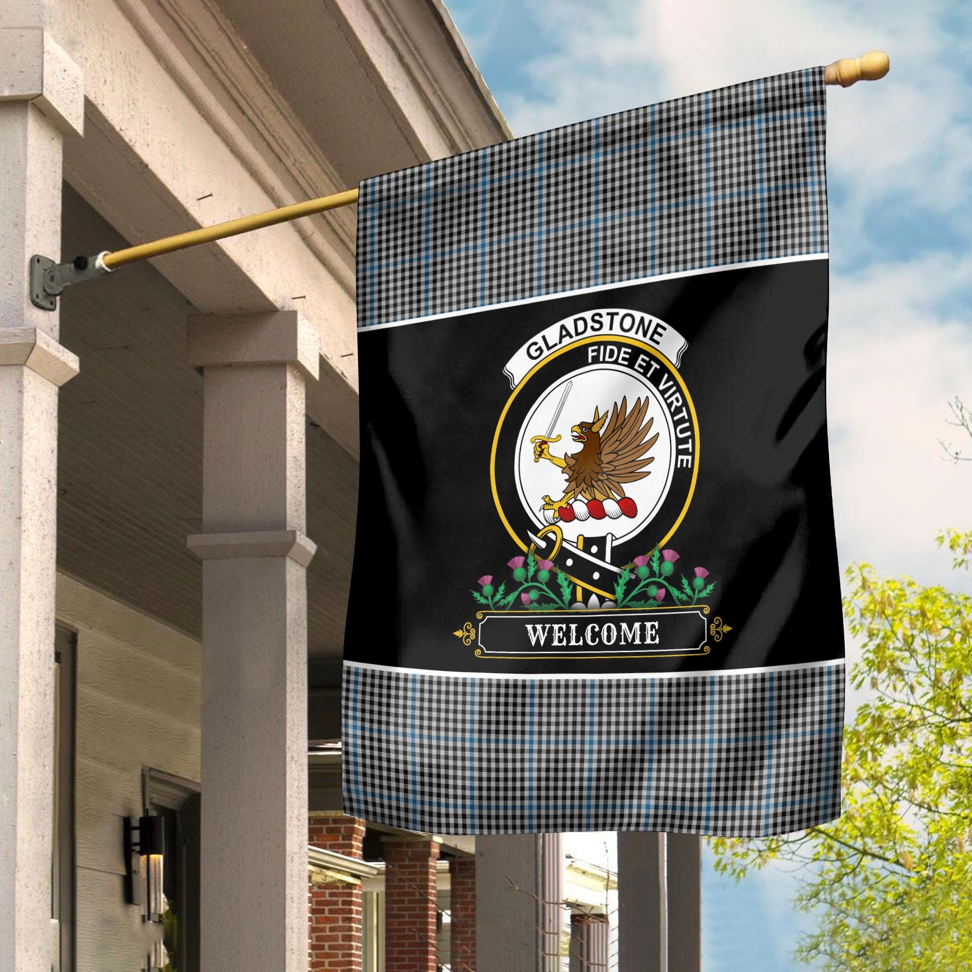 Clan Gladstone Tartan Crest Garden Flag  - Welcome  OS92 Clan Garden Tartan Today   