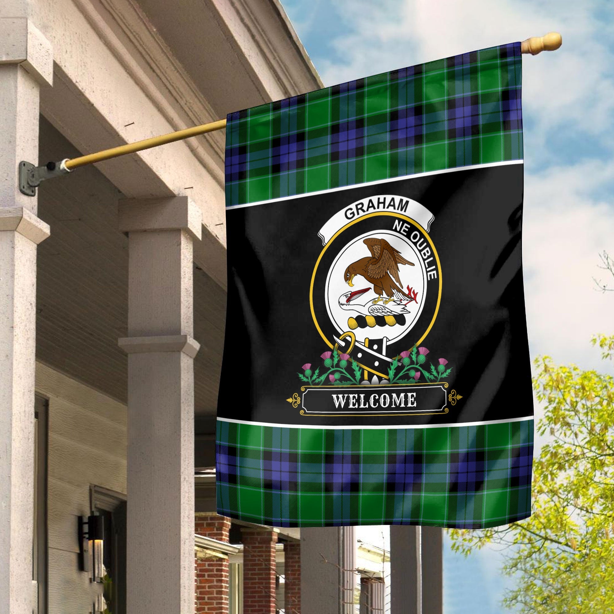 Clan Graham of Menteith Modern Tartan Crest Garden Flag  - Welcome  KP92 Clan Graham Tartan Today   