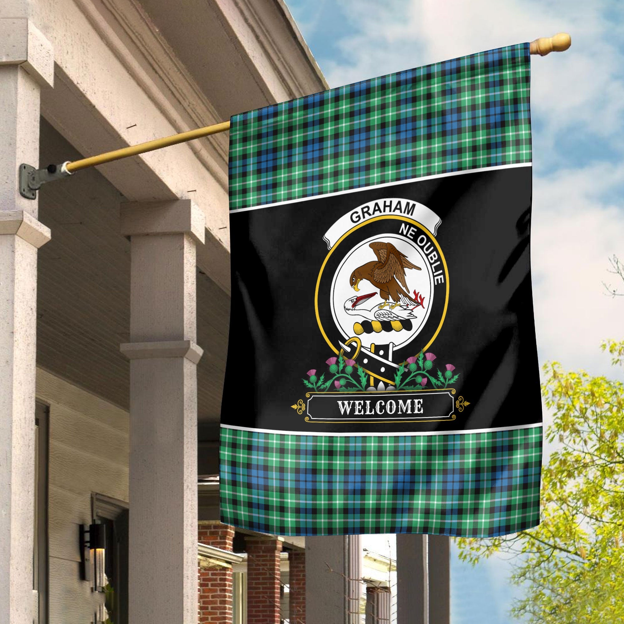 Clan Graham of Montrose Ancient Tartan Crest Garden Flag  - Welcome  SG72 Clan Rose Tartan Today   