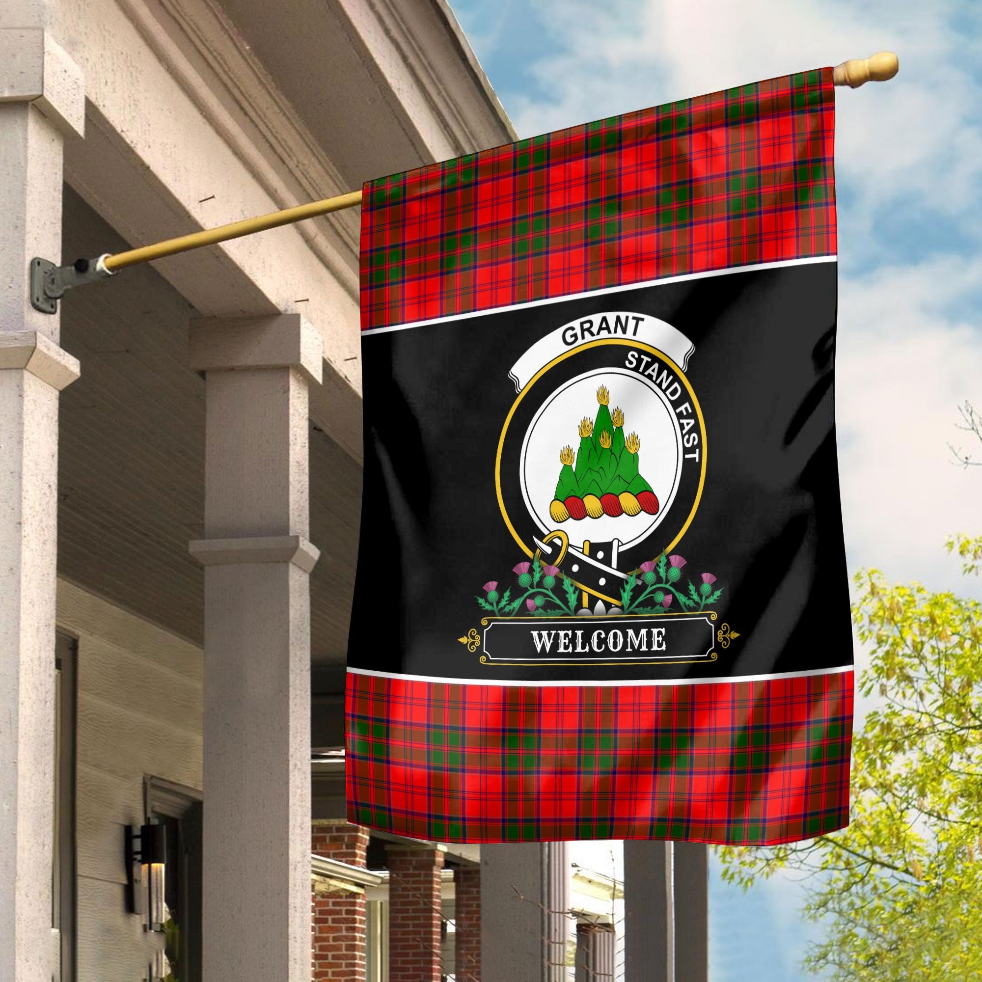 Clan Grant Modern Tartan Crest Garden Flag  - Welcome  US66 Clan Grant Tartan Today   