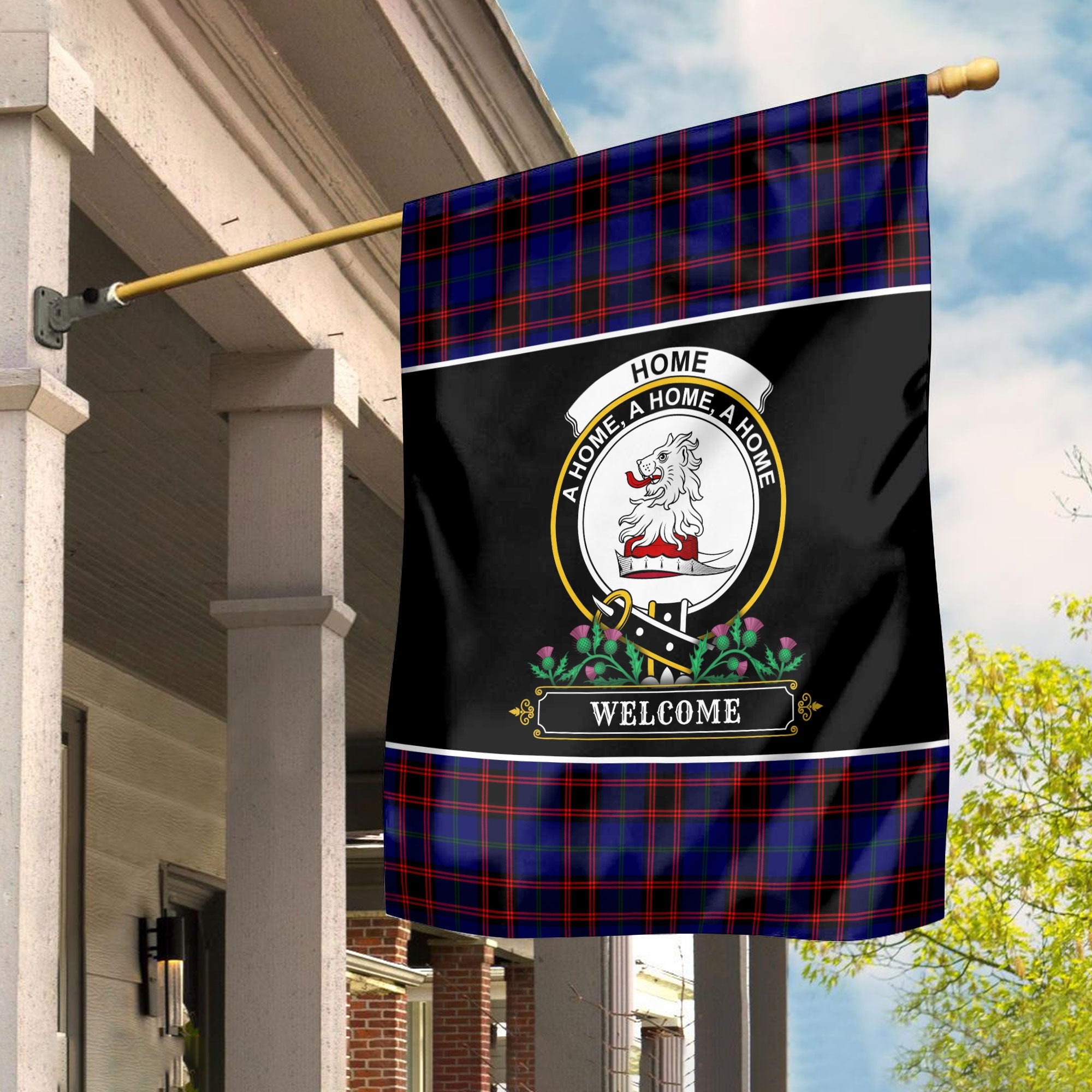 Clan Home Modern Tartan Crest Garden Flag  - Welcome  LE50 Clan Home/Hume Tartan Today   