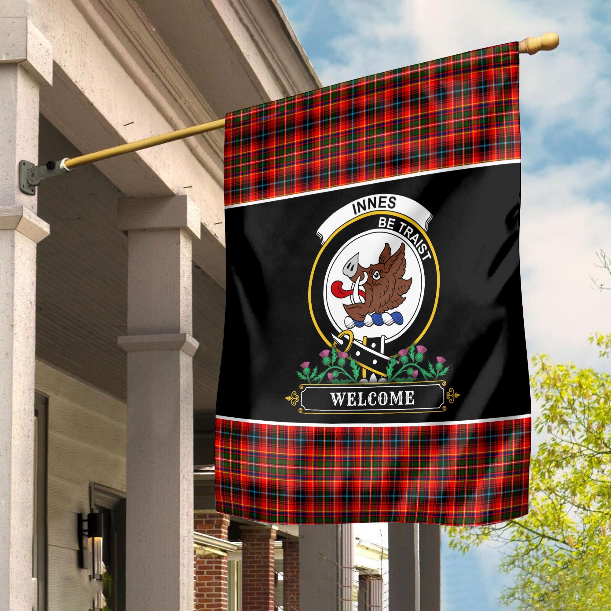 Clan Innes Modern Tartan Crest Garden Flag  - Welcome  QD49 Clan Innes Tartan Today   