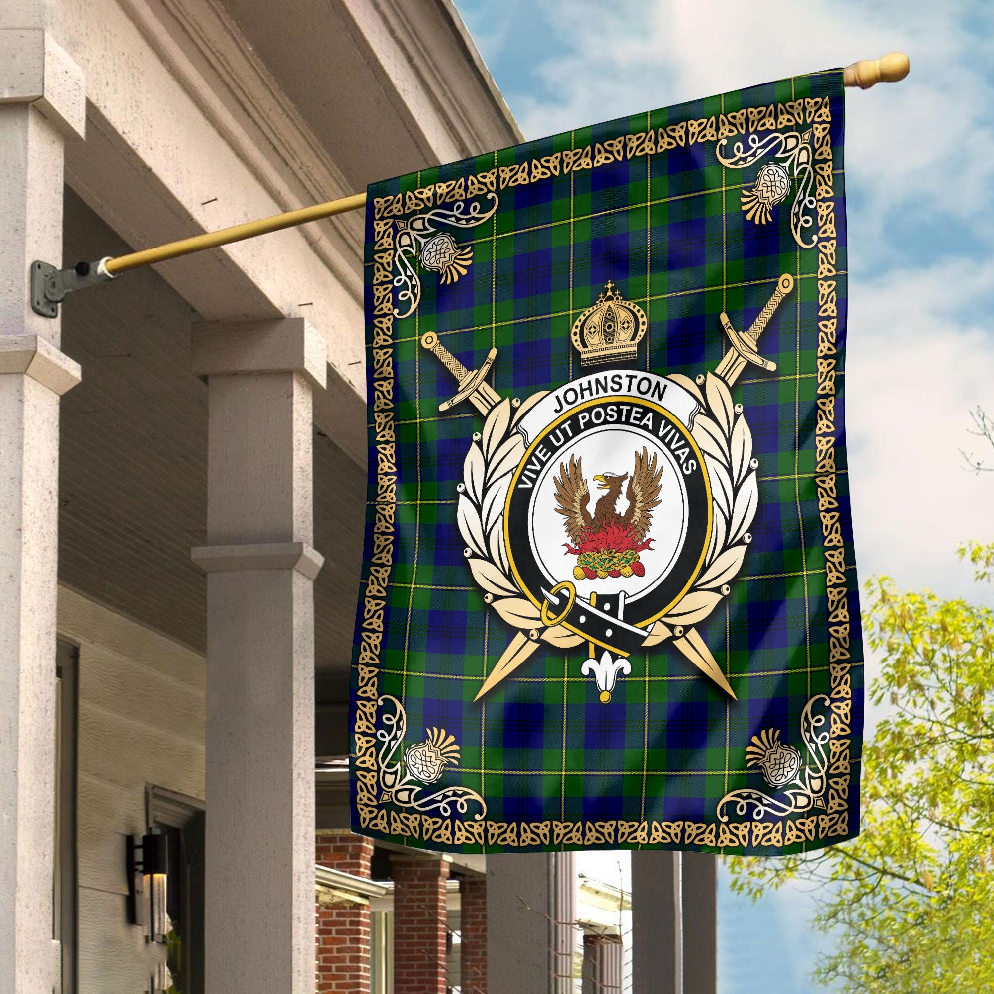 Clan Johnston of Caskieben Modern Tartan Crest Garden Flag  - Celtic Thistle  BH40 Clan Johnston Tartan Today   