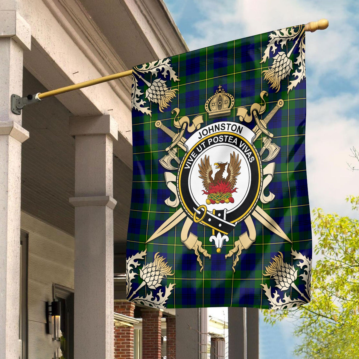 Clan Johnston of Caskieben Modern Tartan Crest Black Garden Flag  - Gold Thistle  KB44 Clan Johnston Tartan Today   