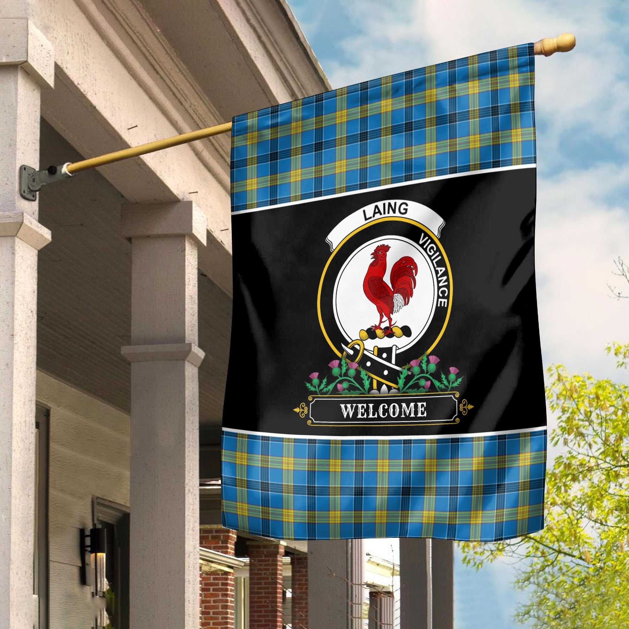 Clan Laing Tartan Crest Garden Flag  - Welcome  VI80 Clan Laing Tartan Today   