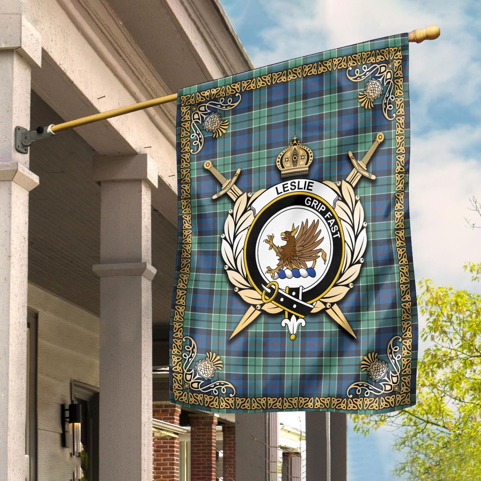 Clan Leslie Hunting Ancient Tartan Crest Garden Flag  - Celtic Thistle  KO10 Clan Leslie Tartan Today   