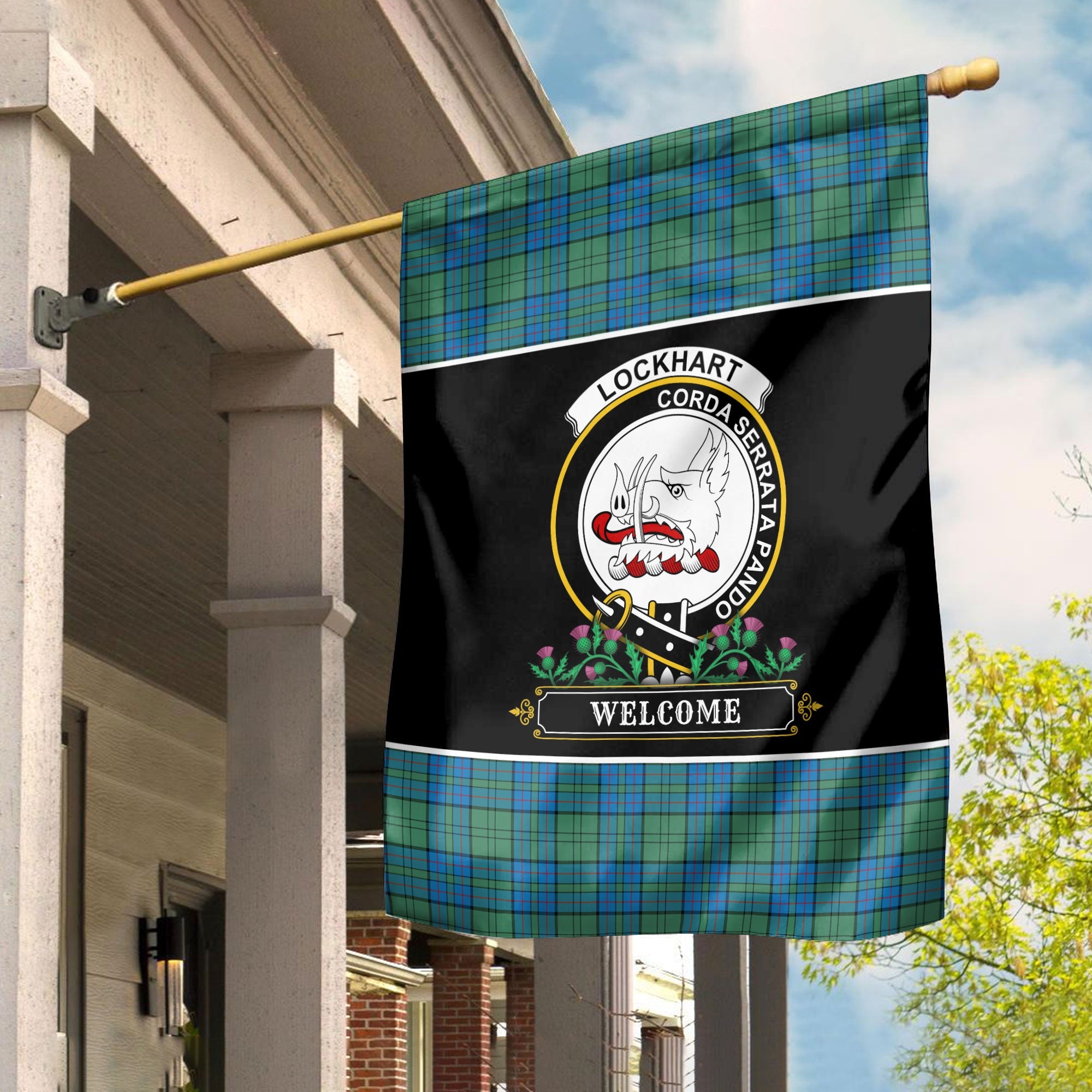 Clan Lockhart Tartan Crest Garden Flag  - Welcome  FP12 Clan Lockhart Tartan Today   