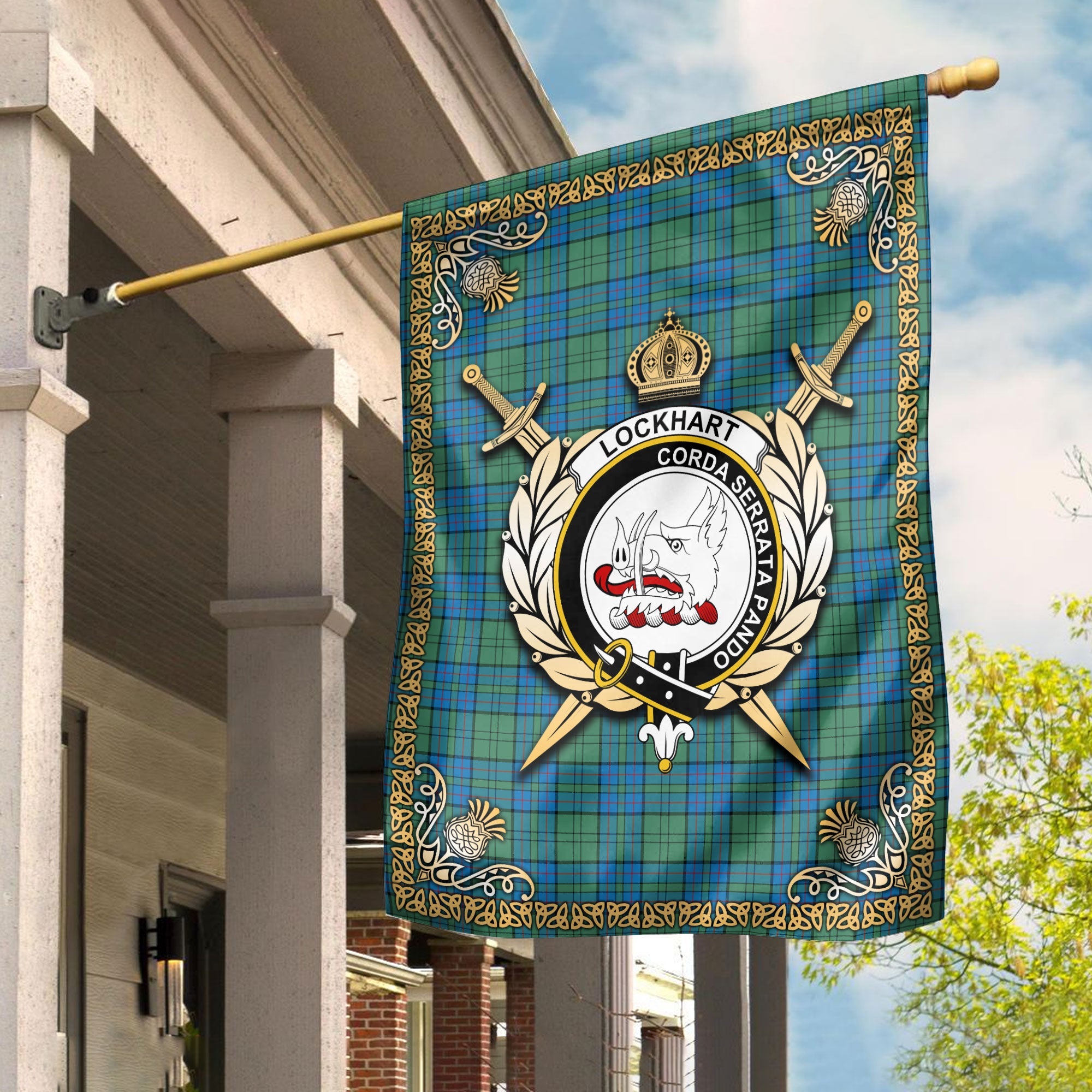 Clan Lockhart Tartan Crest Garden Flag  - Celtic Thistle  WE11 Clan Lockhart Tartan Today   