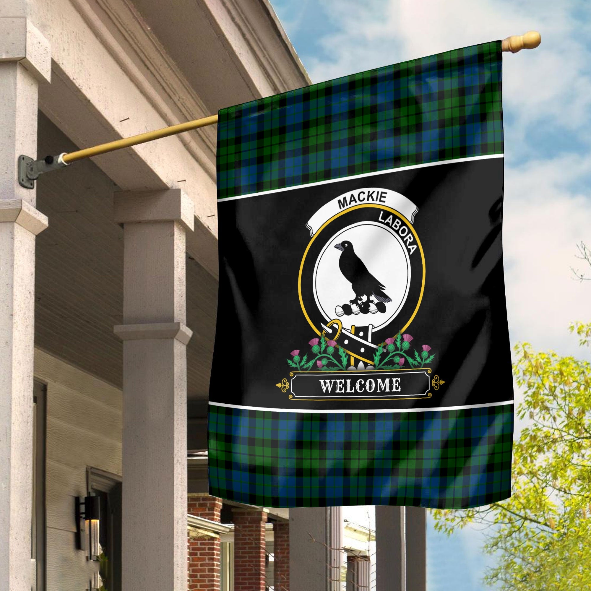 Clan MacKie Tartan Crest Garden Flag  - Welcome  UR21 Clan Mackie Tartan Today   