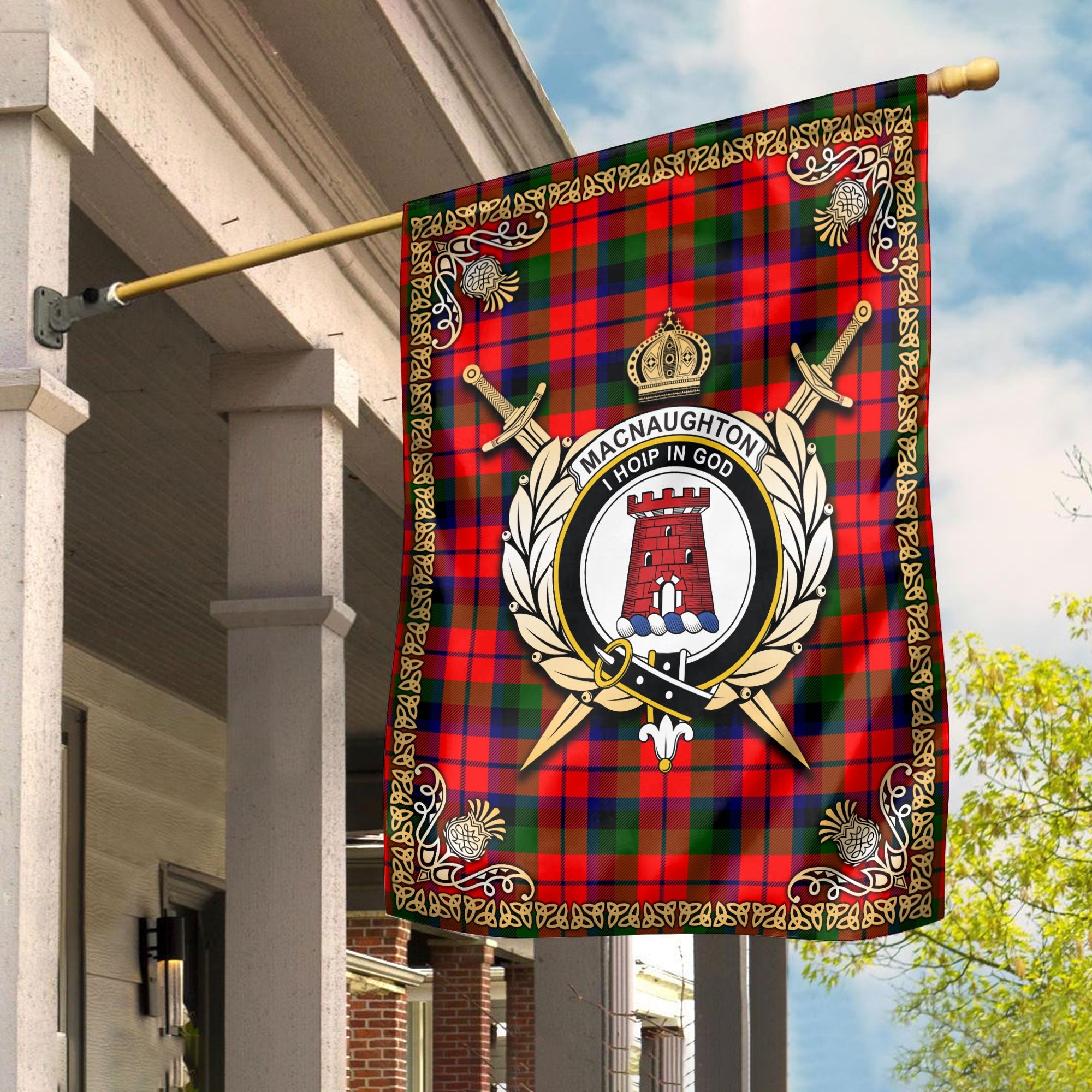 Clan MacNaughton Modern Tartan Crest Garden Flag  - Celtic Thistle  NH61 Clan MacNaughton Tartan Today   