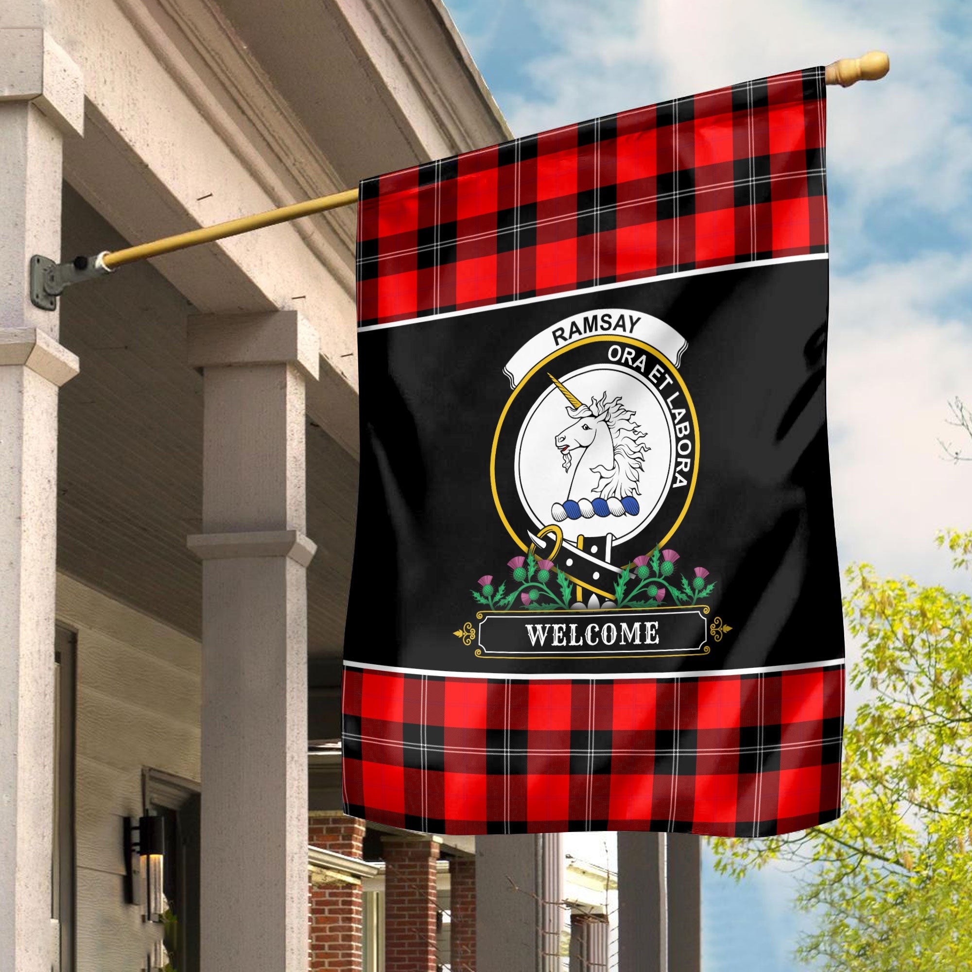 Clan Ramsay Modern Tartan Crest Garden Flag  - Welcome  HM65 Clan Ramsay Tartan Today   