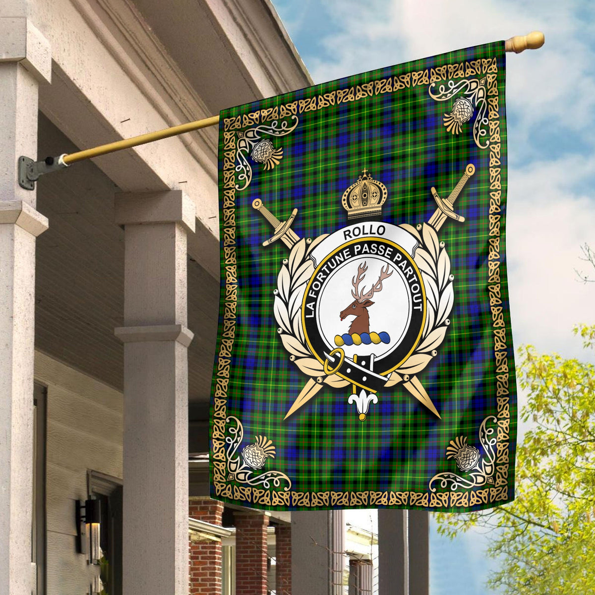 Clan Rollo Modern Tartan Crest Garden Flag  - Celtic Thistle  CM10 Clan Rollo Tartan Today   