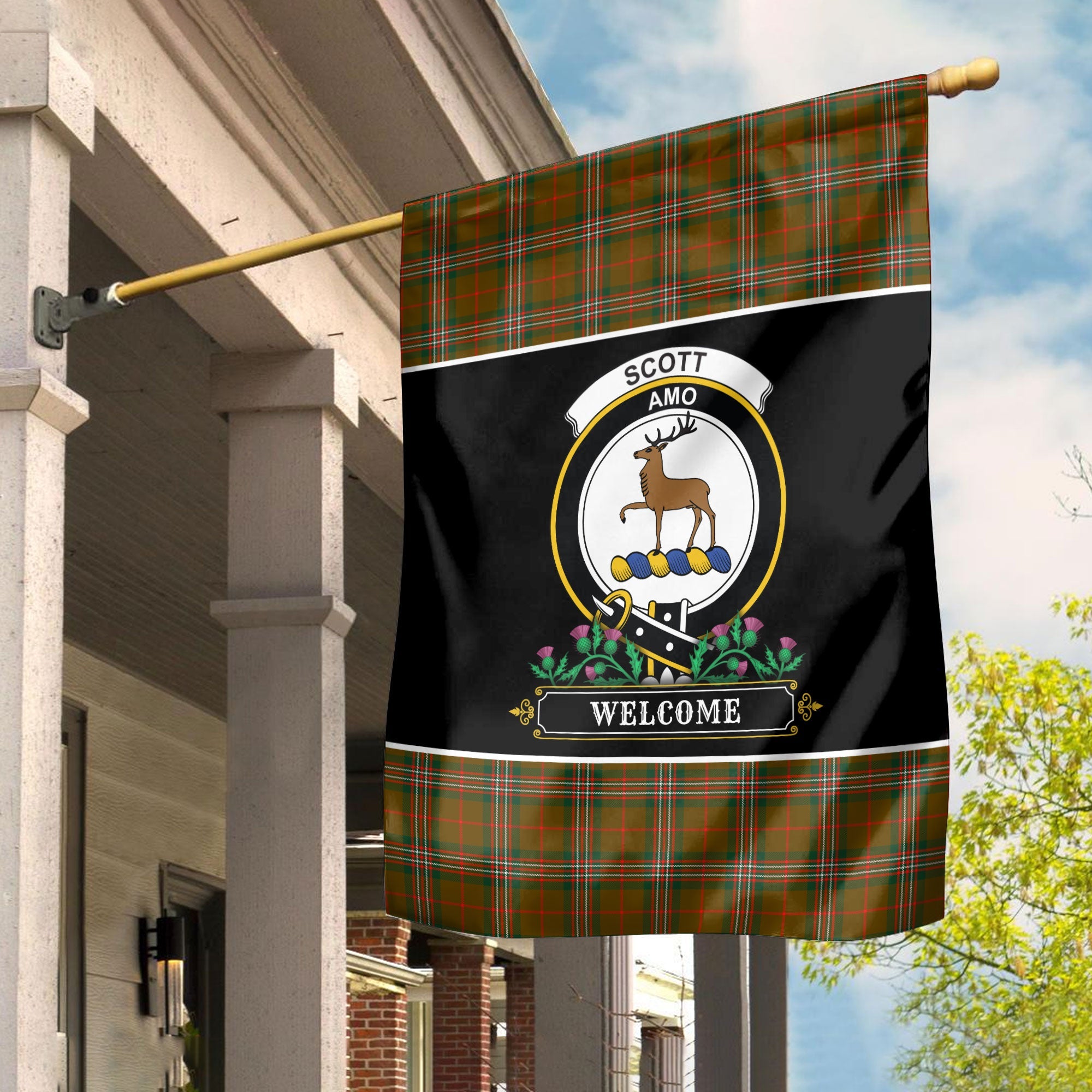 Clan Scott Brown Modern Tartan Crest Garden Flag  - Welcome  QJ31 Clan Scott (Scott Tartan) Tartan Today   