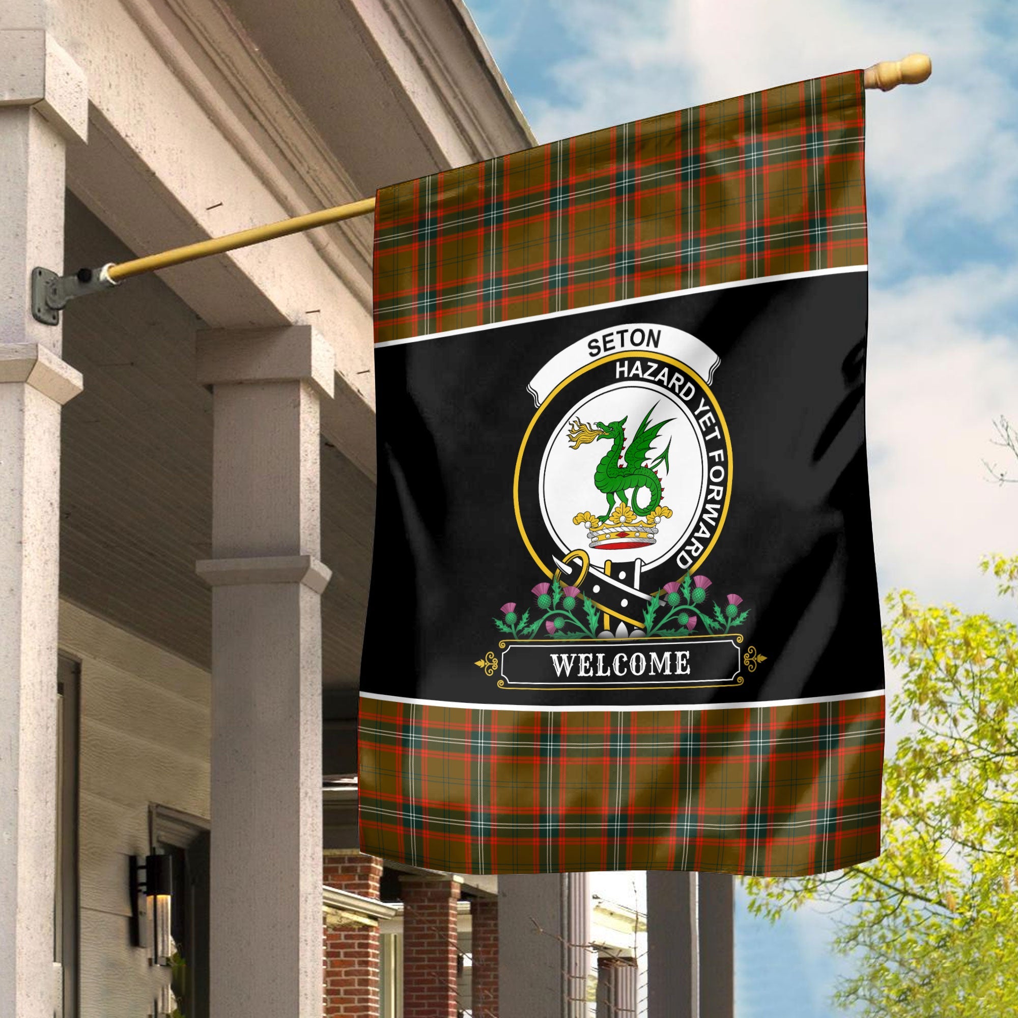 Clan Seton Hunting Modern Tartan Crest Garden Flag  - Welcome  RE92 Clan Seton Tartan Today   