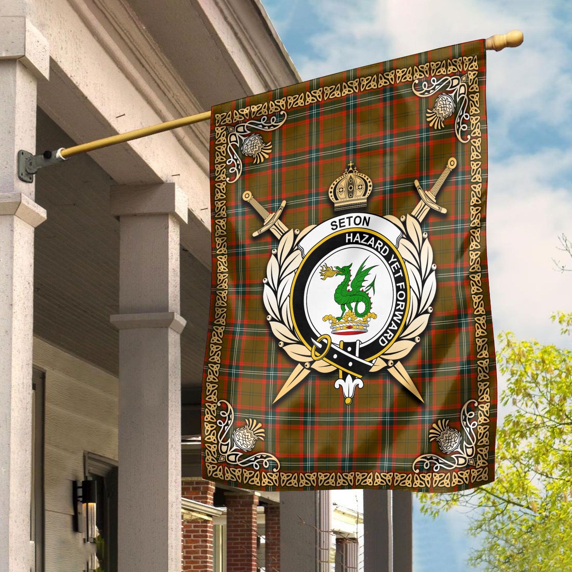 Clan Seton Hunting Modern Tartan Crest Garden Flag  - Celtic Thistle  JD73 Clan Seton Tartan Today   