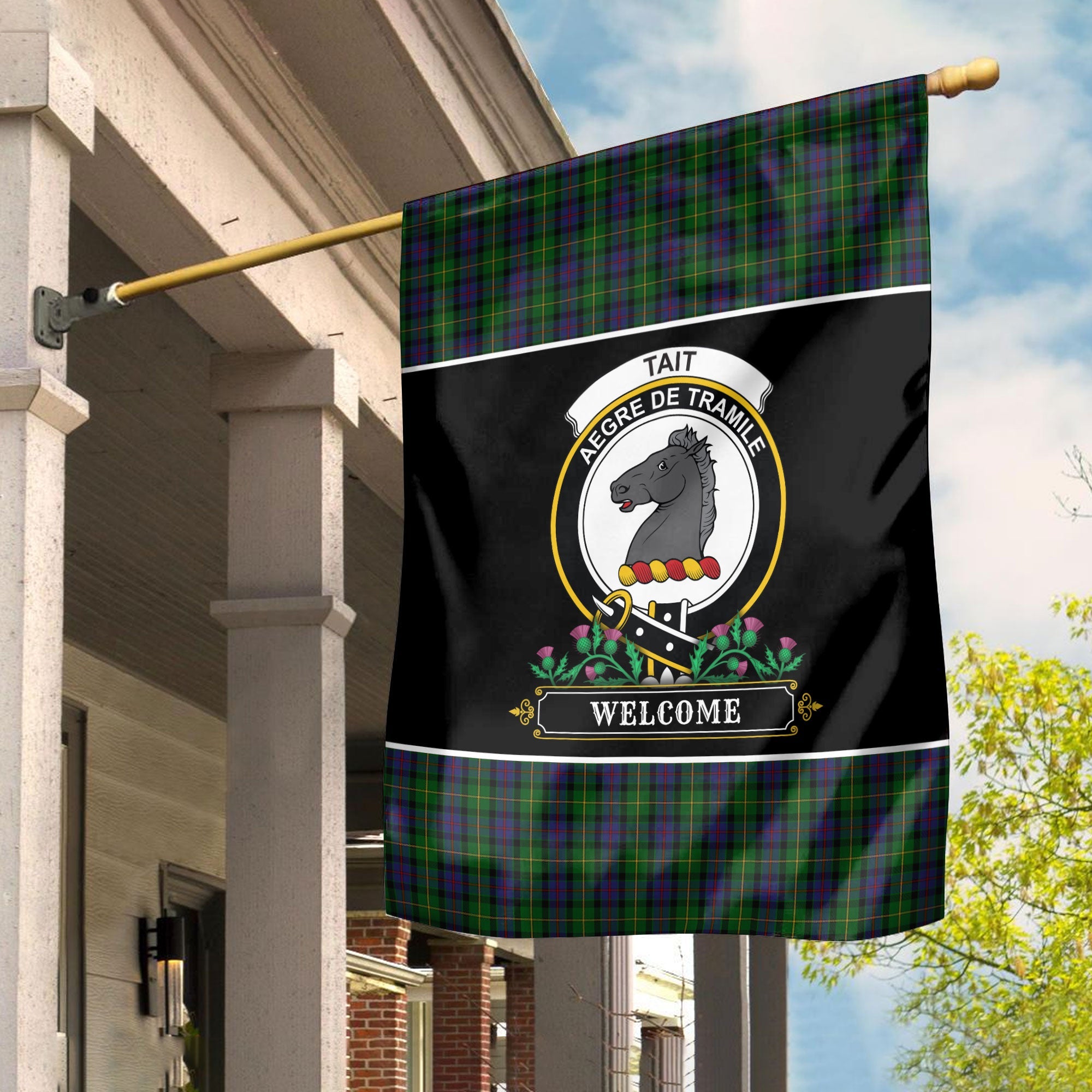 Clan Tait Tartan Crest Garden Flag  - Welcome  XU87 Clan Tait Tartan Today   