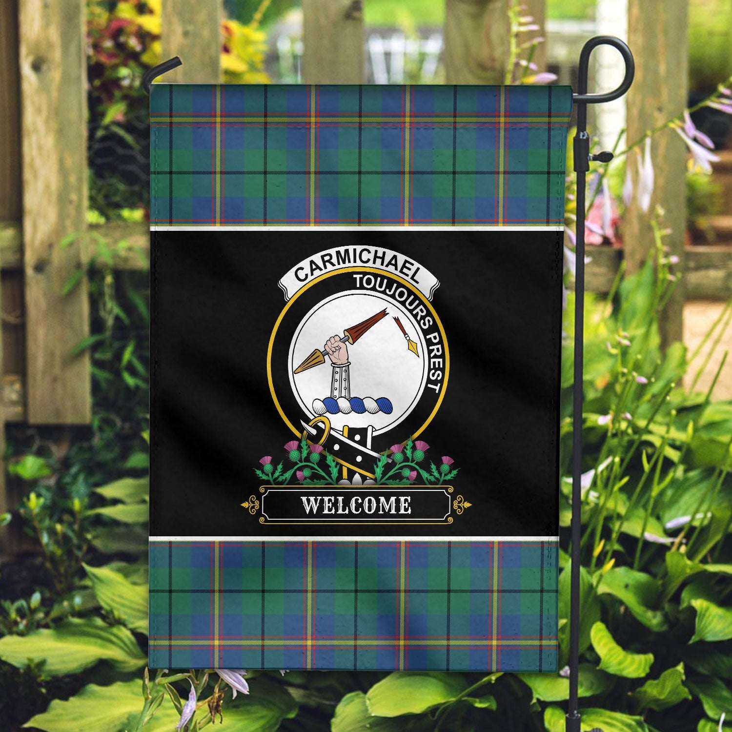 Clan Carmichael Ancient Tartan Crest Garden Flag  - Welcome  FO85 Clan Carmichael Tartan Today   