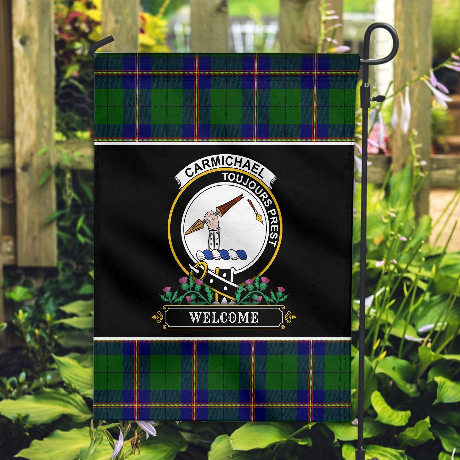 Clan Carmichael Modern Tartan Crest Garden Flag  - Welcome  BS40 Clan Carmichael Tartan Today   