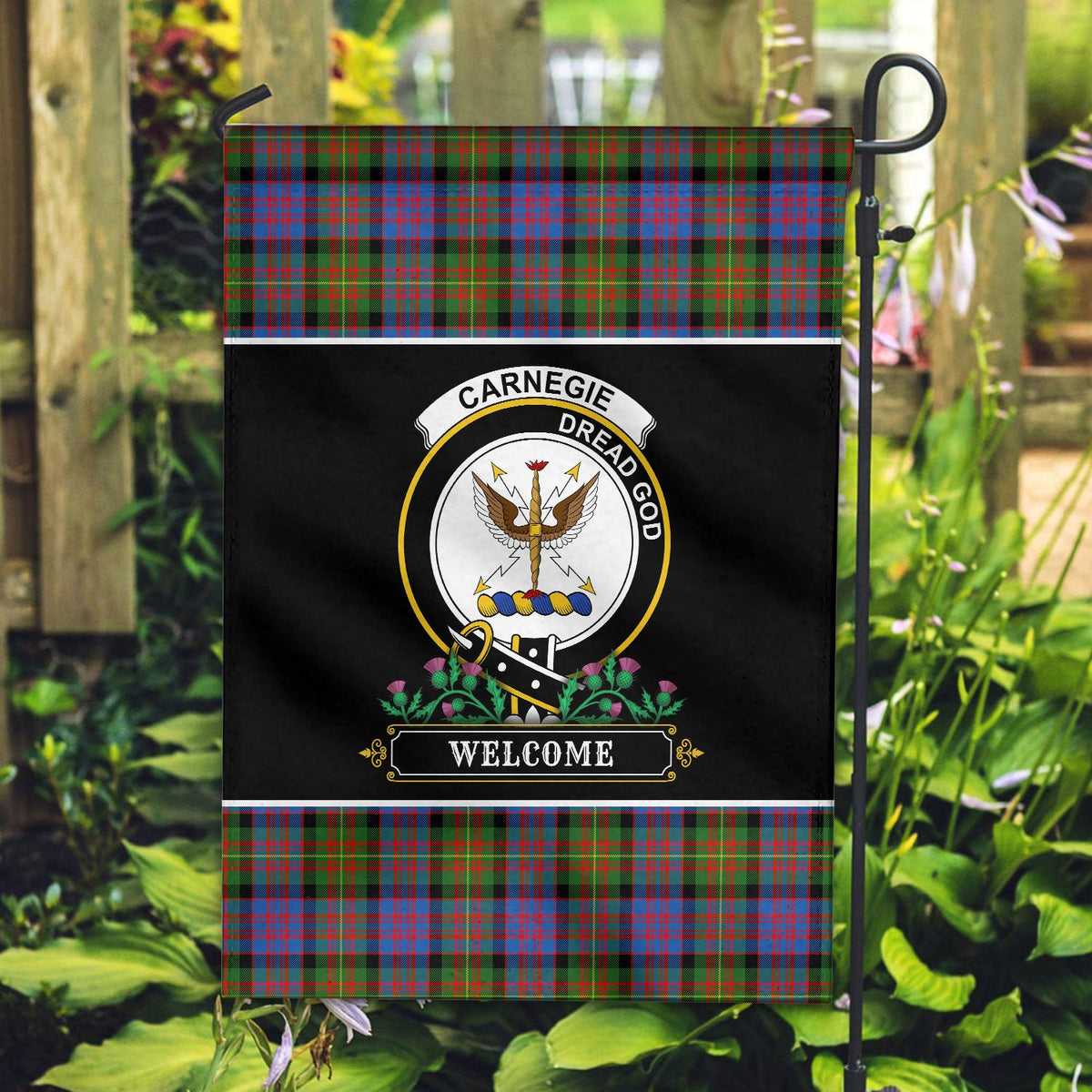 Clan Carnegie Ancient Tartan Crest Garden Flag  - Welcome  OI76 Clan Carnegie Tartan Today   