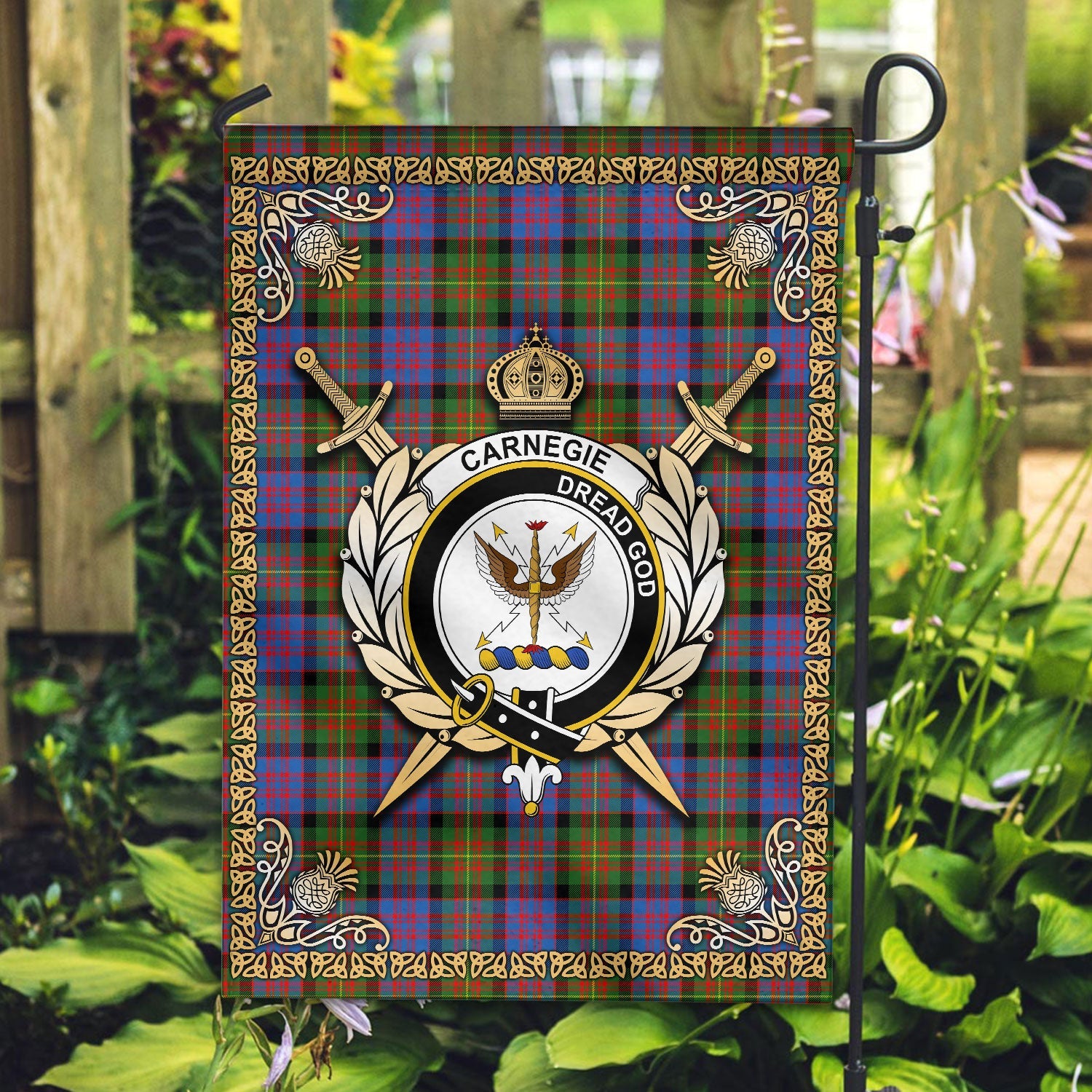 Clan Carnegie Ancient Tartan Crest Garden Flag  - Celtic Thistle  VF65 Clan Carnegie Tartan Today   