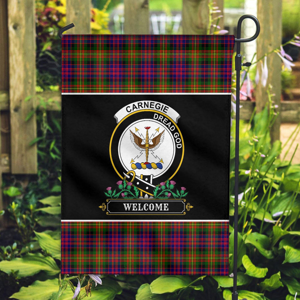 Clan Clan Carnegie Modern Tartan Crest Garden Flag  - Welcome  IA16 Clan Carnegie Tartan Today   