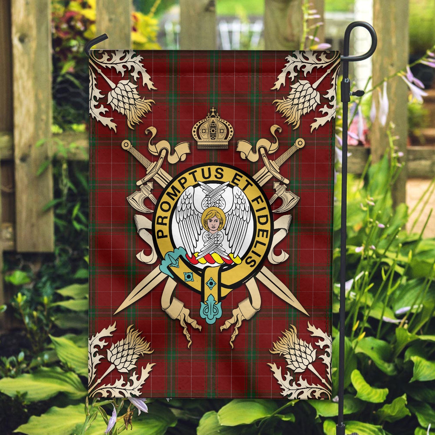 Clan Carruthers Tartan Crest Black Garden Flag  - Gold Thistle  WS12 Clan Carruthers Tartan Today   