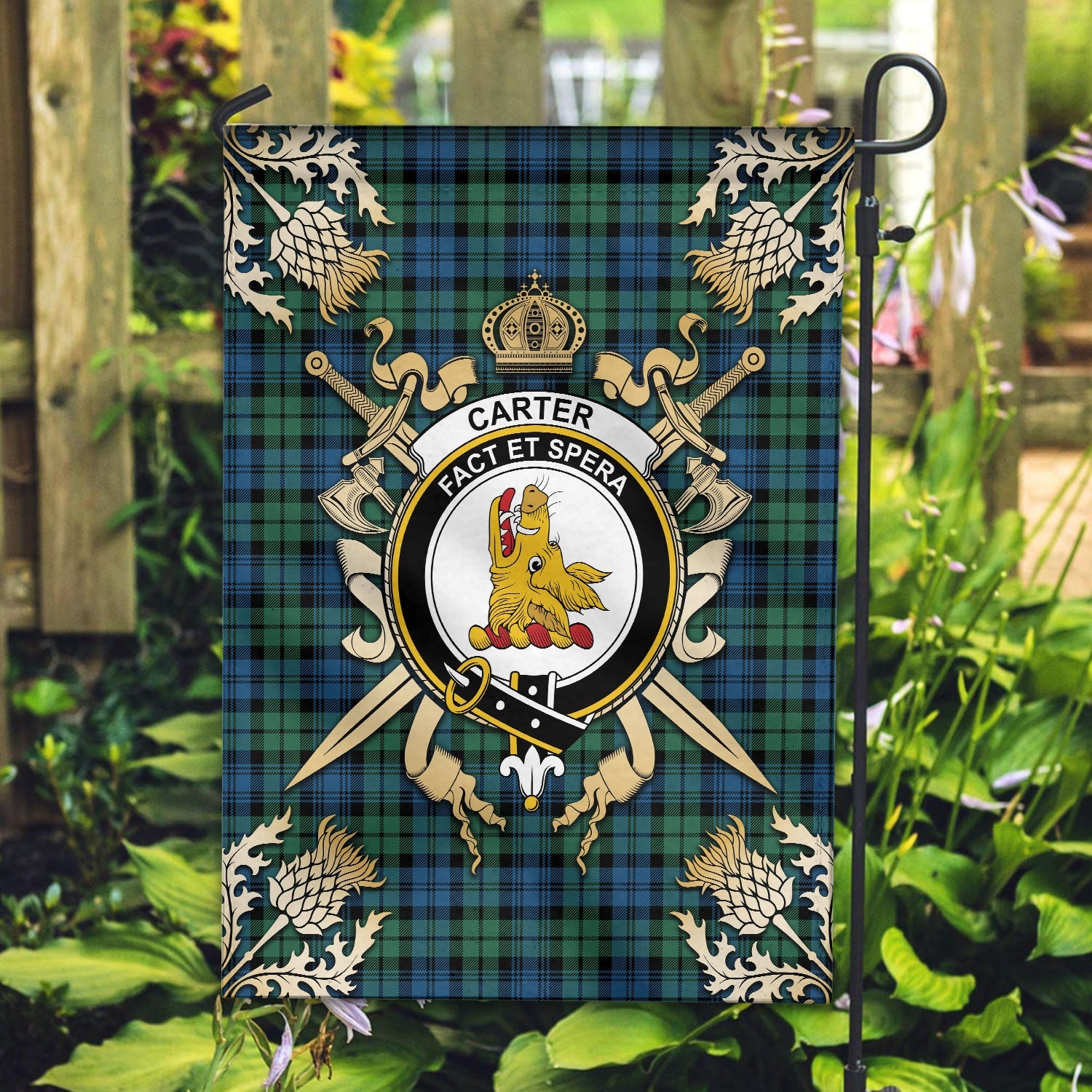 Clan Carter Tartan Crest Black Garden Flag  - Gold Thistle  JF50 Clan Hall Tartan Today   