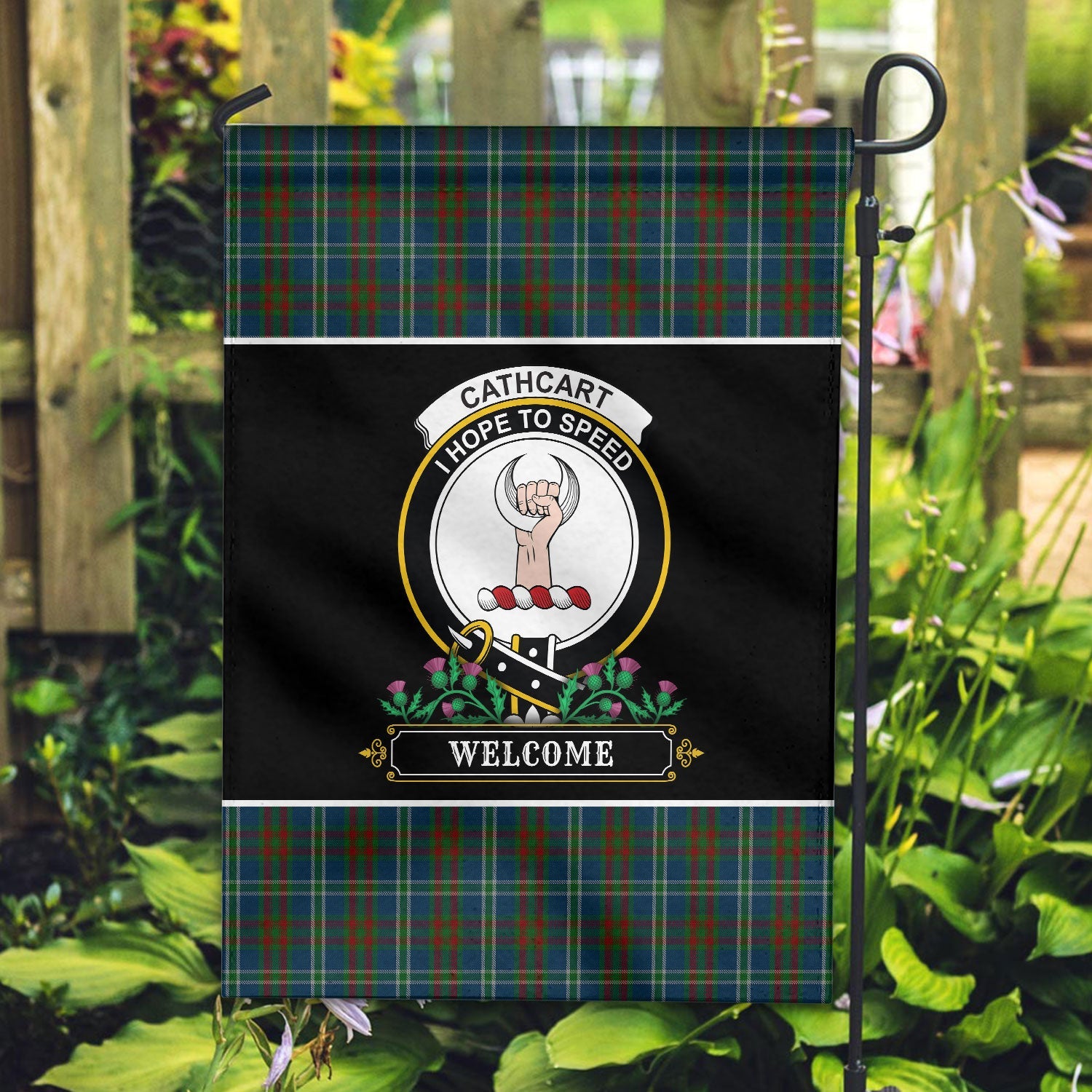 Clan Cathcart Tartan Crest Garden Flag  - Welcome  TP77 Clan Cathcart Tartan Today   