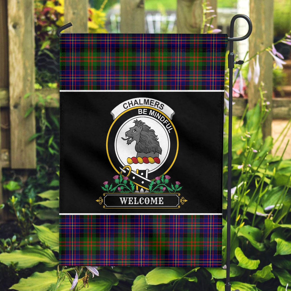 Clan Chalmers Tartan Crest Garden Flag  - Welcome  DS56 Clan Chalmers Tartan Today   