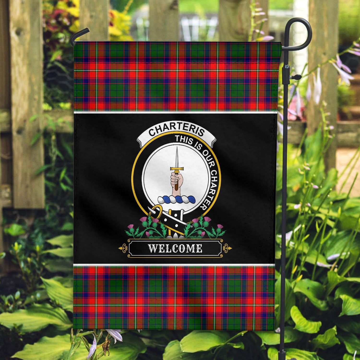 Clan Charteris (Earl of Wemyss) Tartan Crest Garden Flag  - Welcome  ZR39 Clan Wemyss Tartan Today   