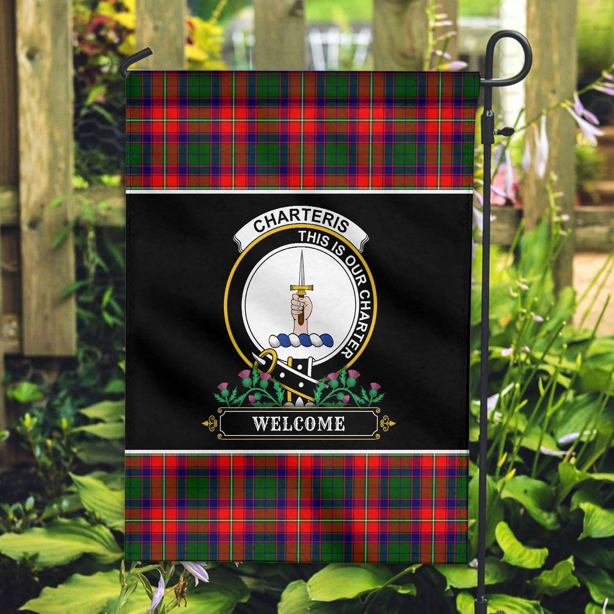 Clan Charteris (Earl of Wemyss) Tartan Crest Garden Flag  - Welcome  ZR39 Clan Wemyss Tartan Today   