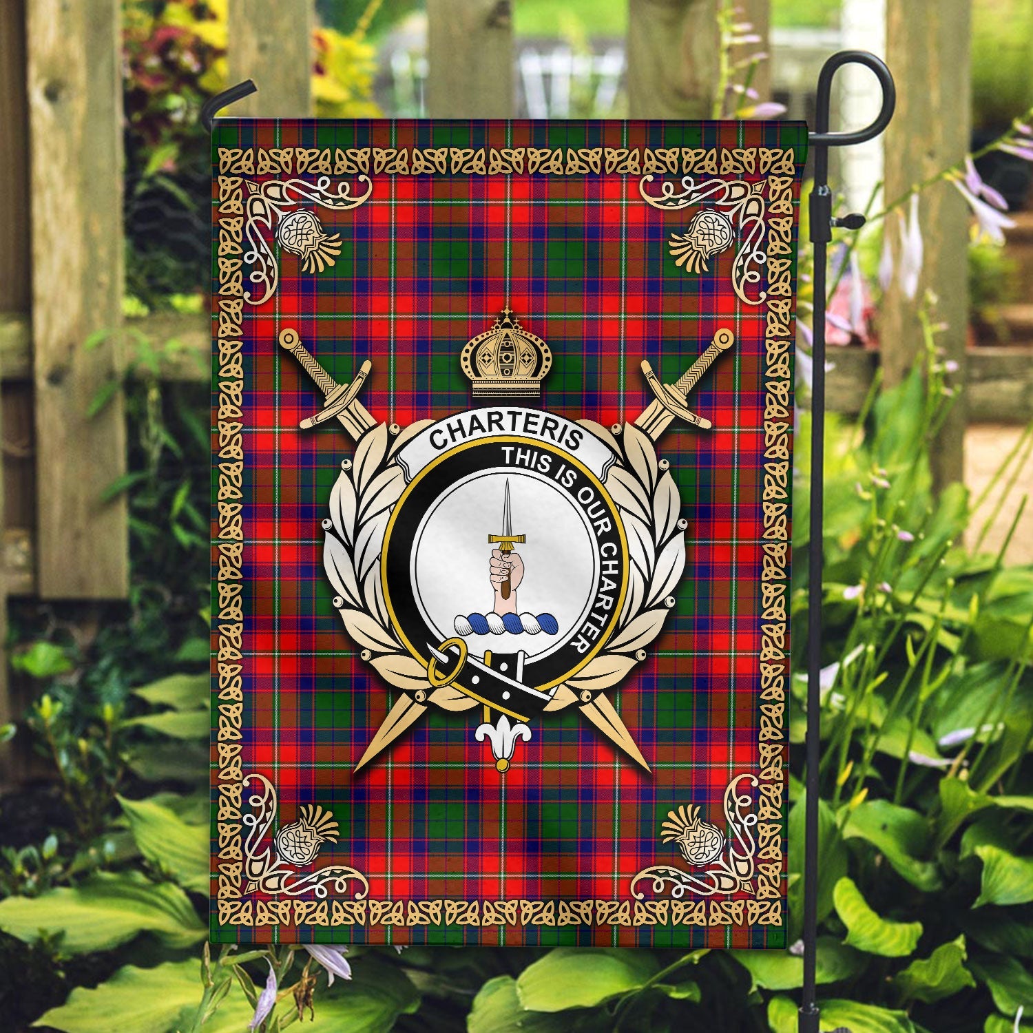 Clan Charteris (Earl of Wemyss) Tartan Crest Garden Flag  - Celtic Thistle  MQ72 Clan Wemyss Tartan Today   