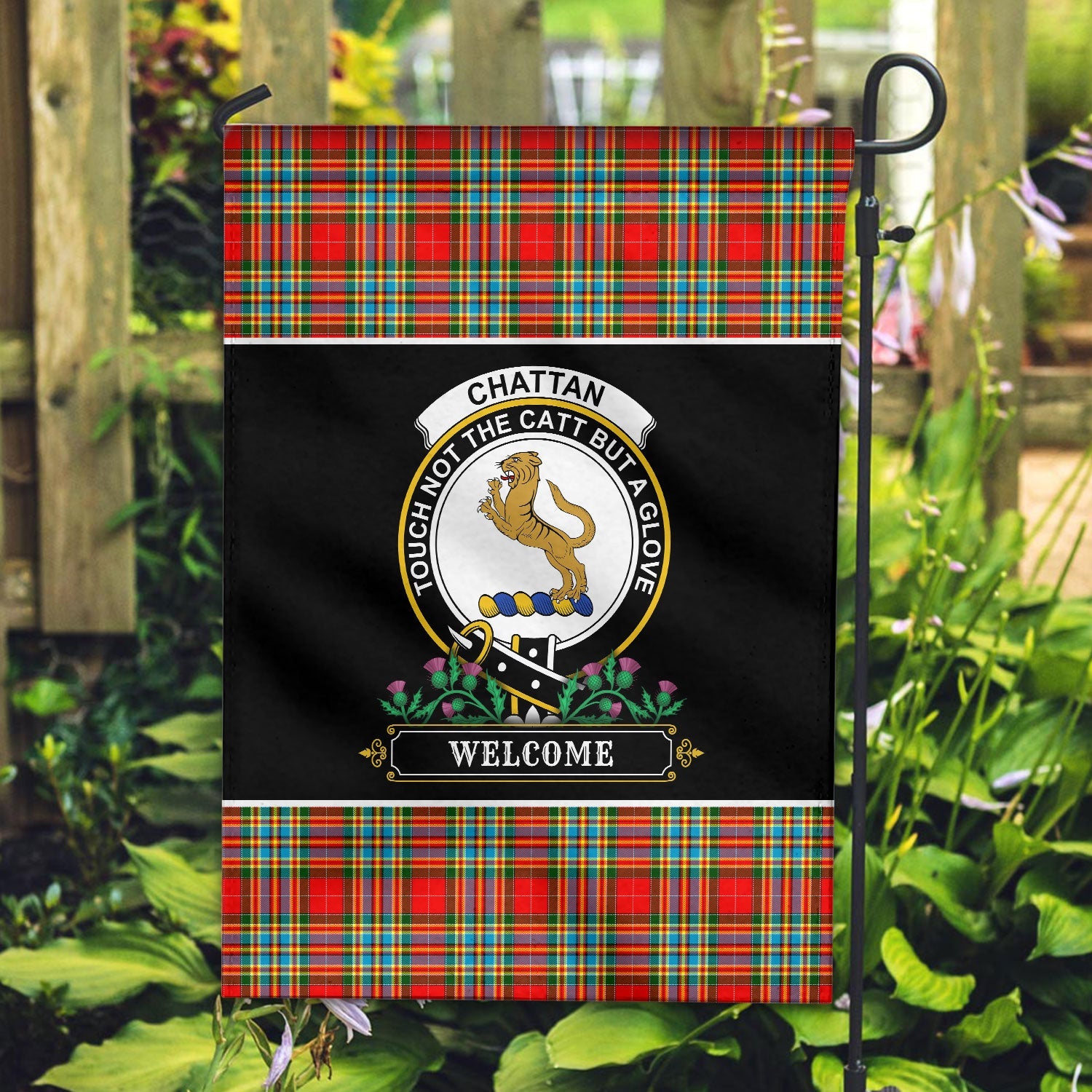 Clan Chattan Tartan Crest Garden Flag  - Welcome  AN22 Clan Chattan Tartan Today   