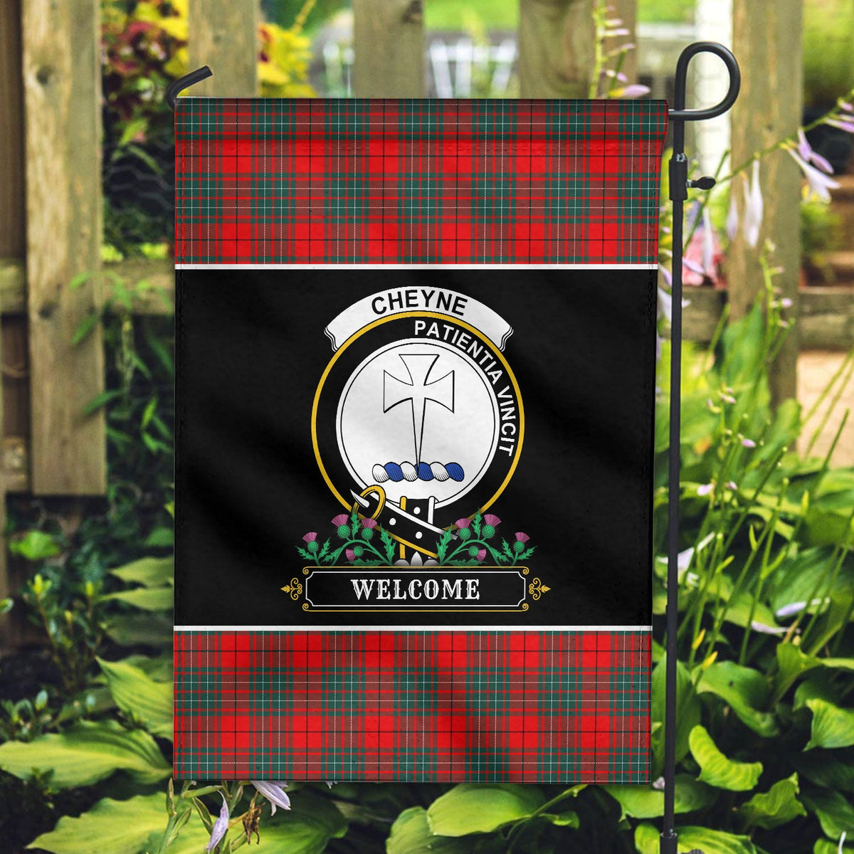 Clan Cheyne Tartan Crest Garden Flag  - Welcome  JF65 Clan Cheyne Tartan Today   