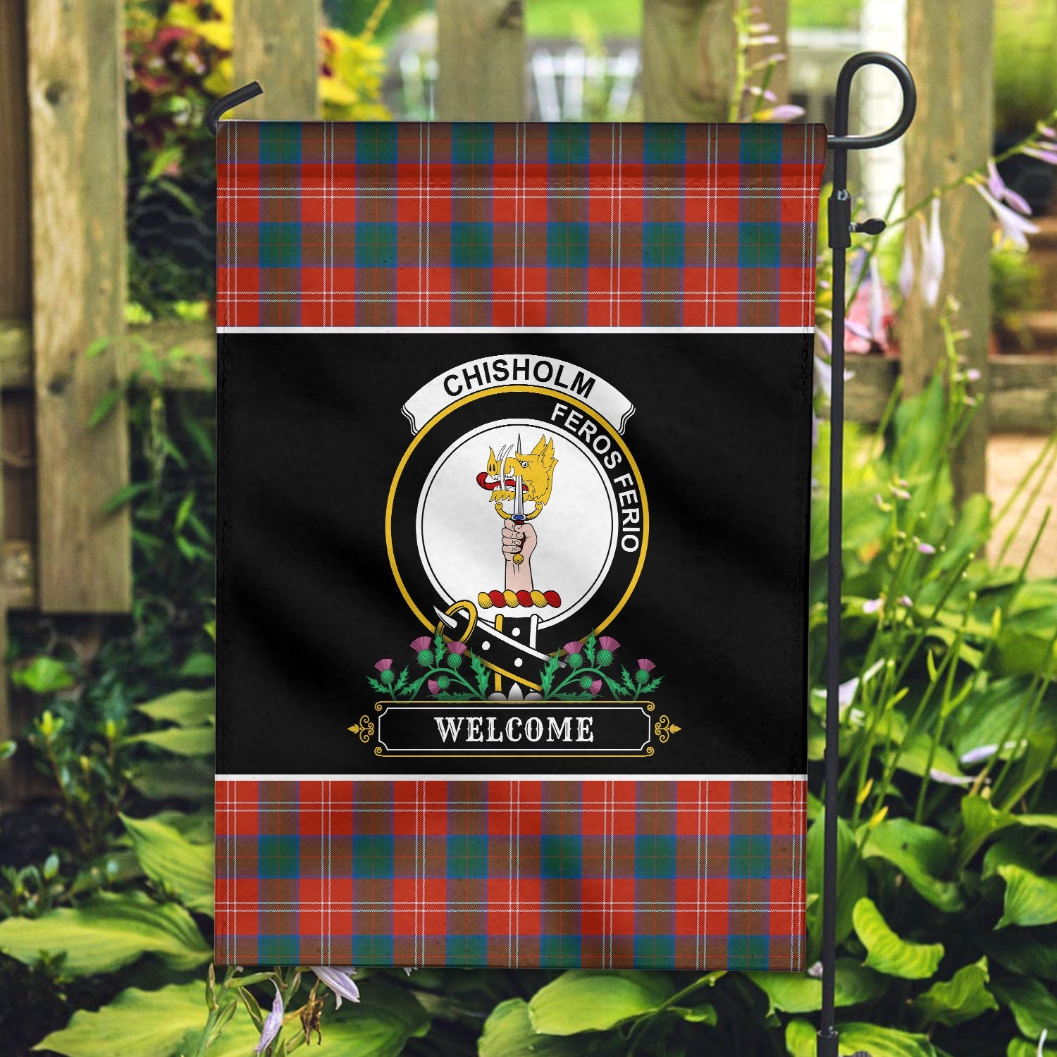 Clan Chisholm Ancient Tartan Crest Garden Flag  - Welcome  GB27 Clan Chisholm Tartan Today   