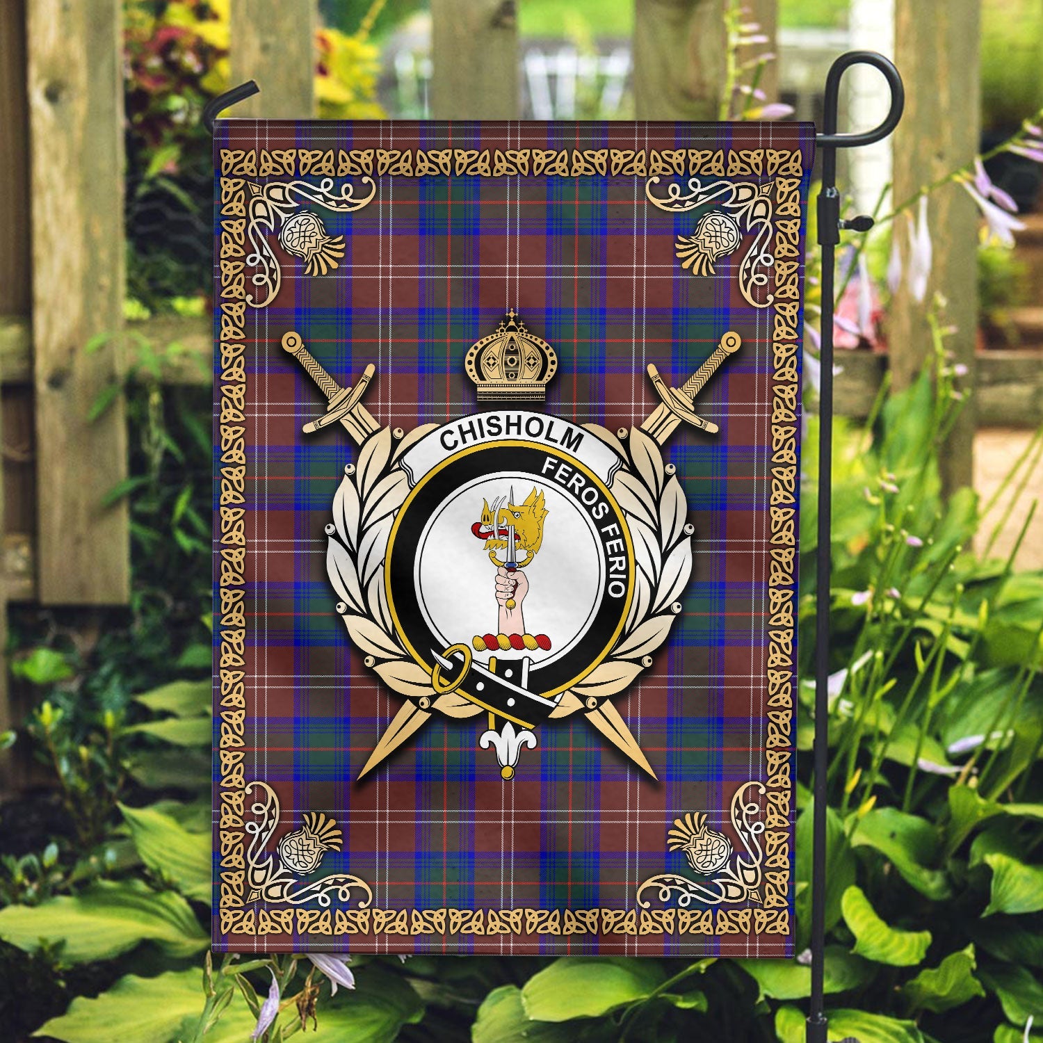 Clan Chisholm Hunting Modern Tartan Crest Garden Flag  - Celtic Thistle  MO83 Clan Chisholm Tartan Today   