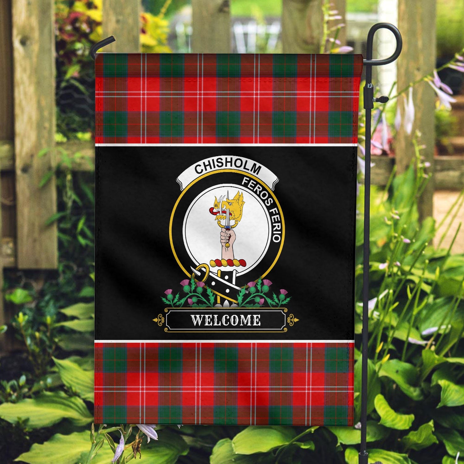 Clan Chisholm Modern Tartan Crest Garden Flag  - Welcome  UW70 Clan Chisholm Tartan Today   