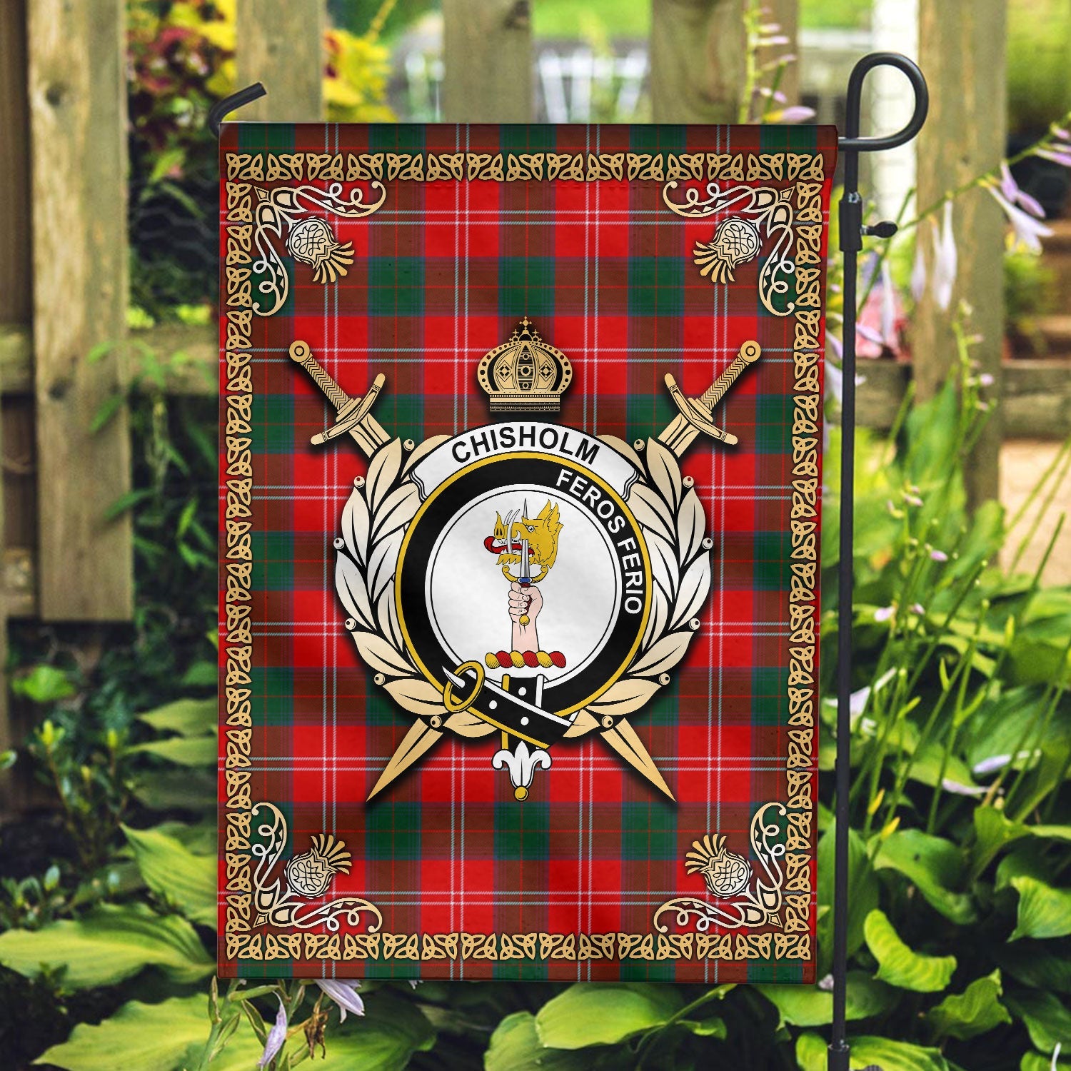 Clan Chisholm Modern Tartan Crest Garden Flag  - Celtic Thistle  KT15 Clan Chisholm Tartan Today   