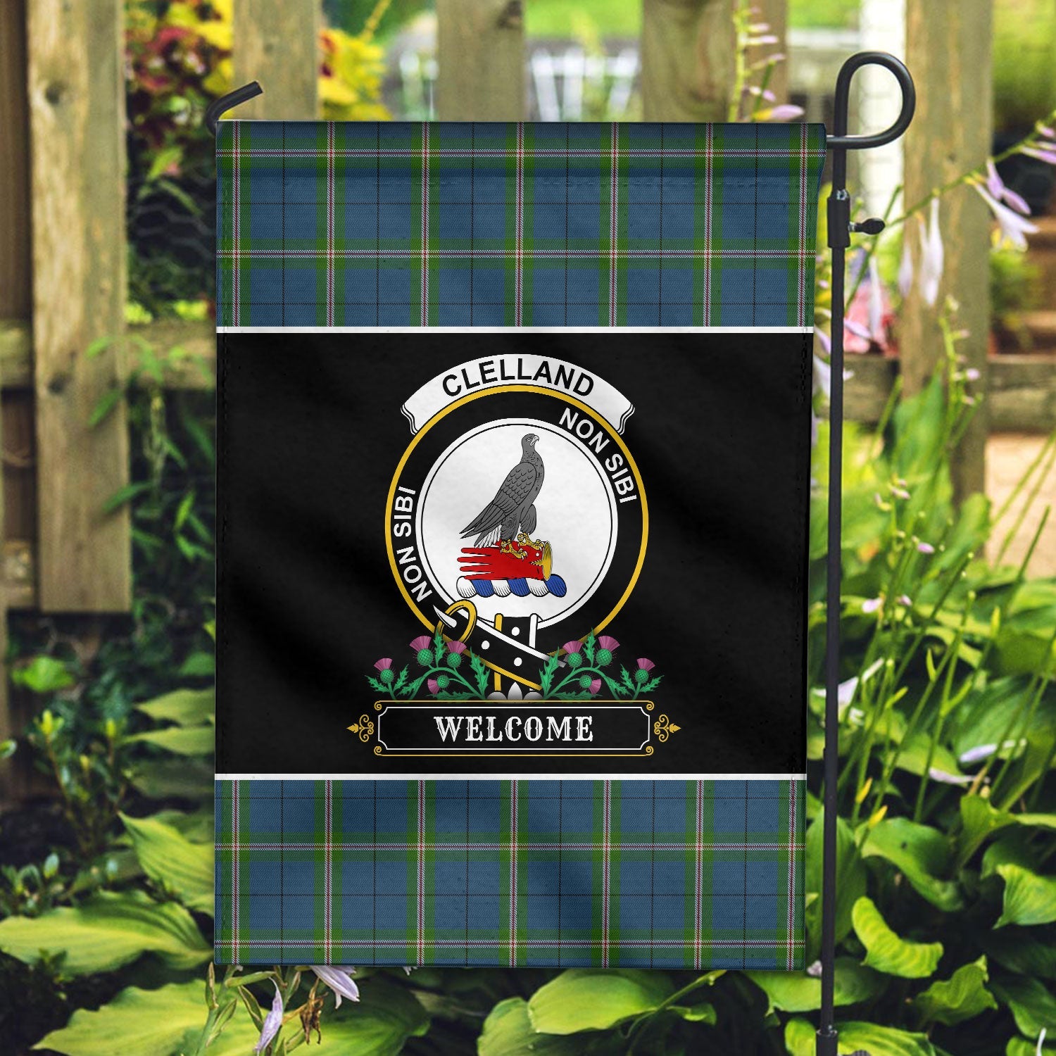 Clan Clelland Tartan Crest Garden Flag  - Welcome  XV19 Clan Clelland Tartan Today   