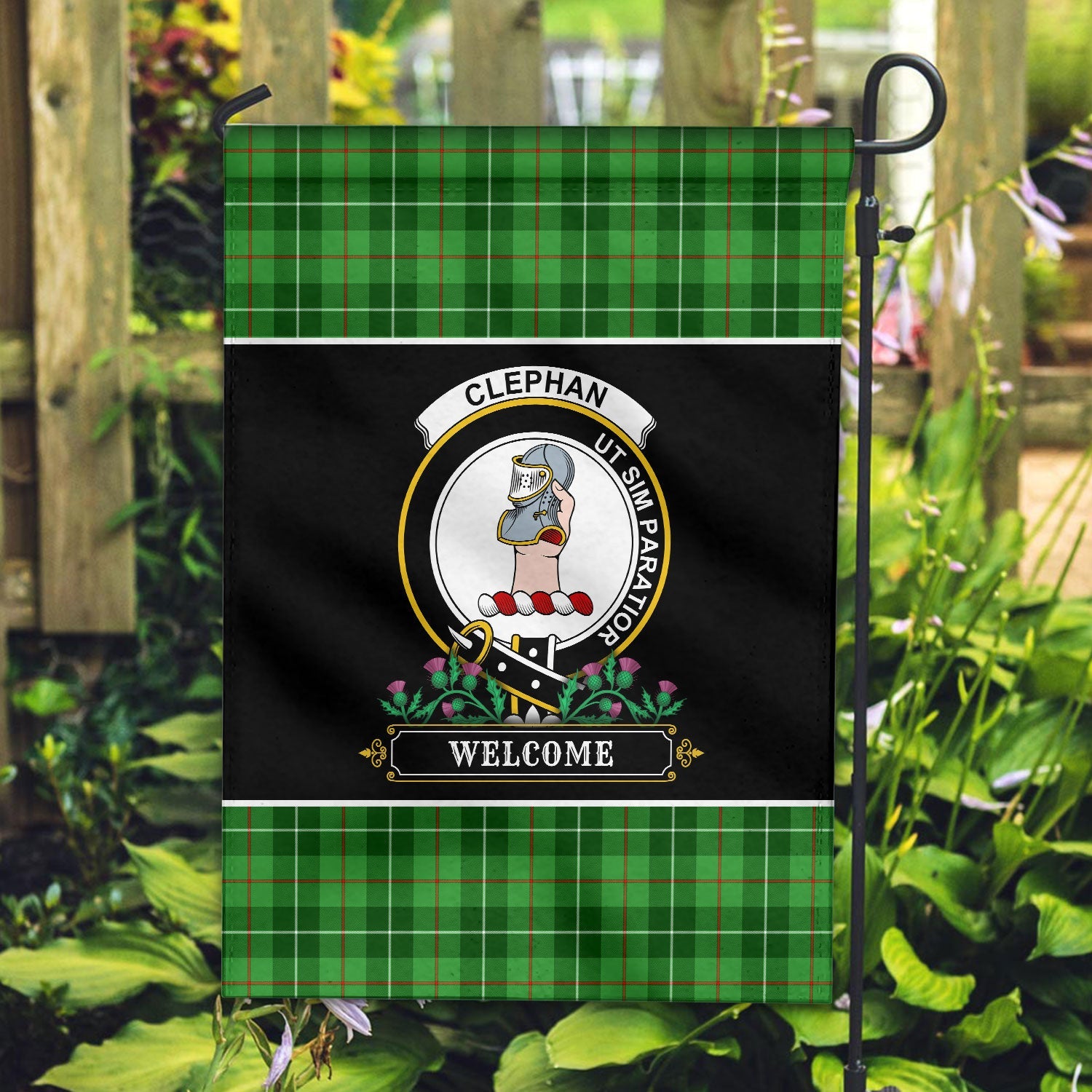 Clan Clephan (or Clephane) Tartan Crest Garden Flag  - Welcome  IA88 Clan Clephan Tartan Today   